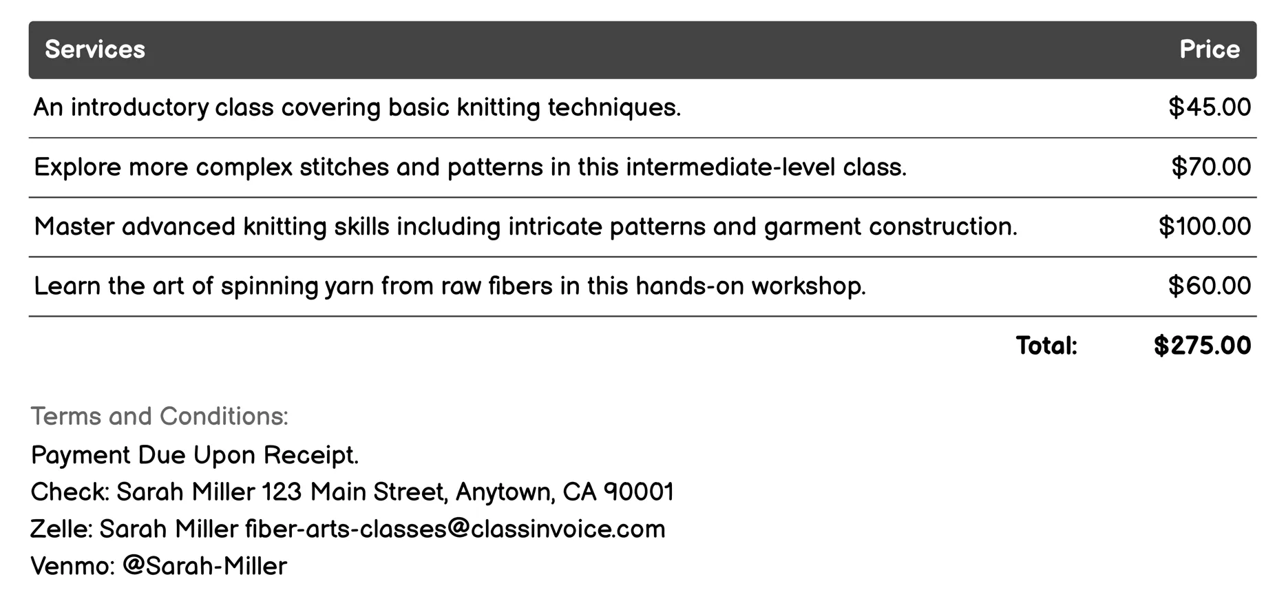 Knitting Invoice Example