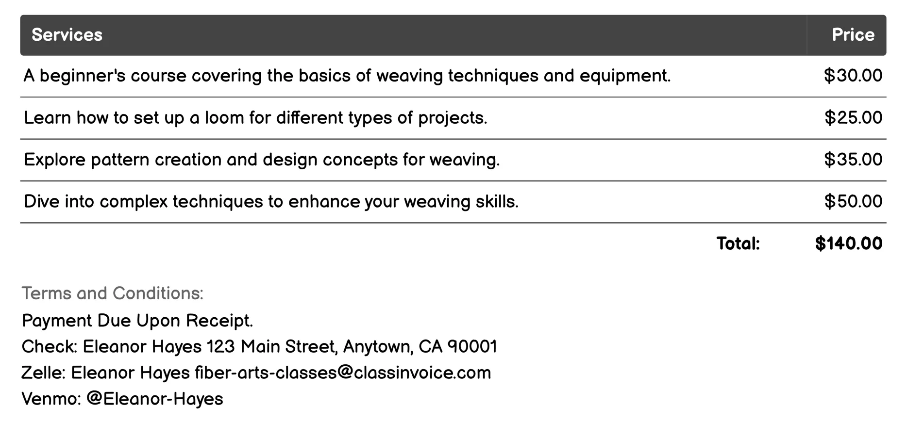 Weaving Invoice Example