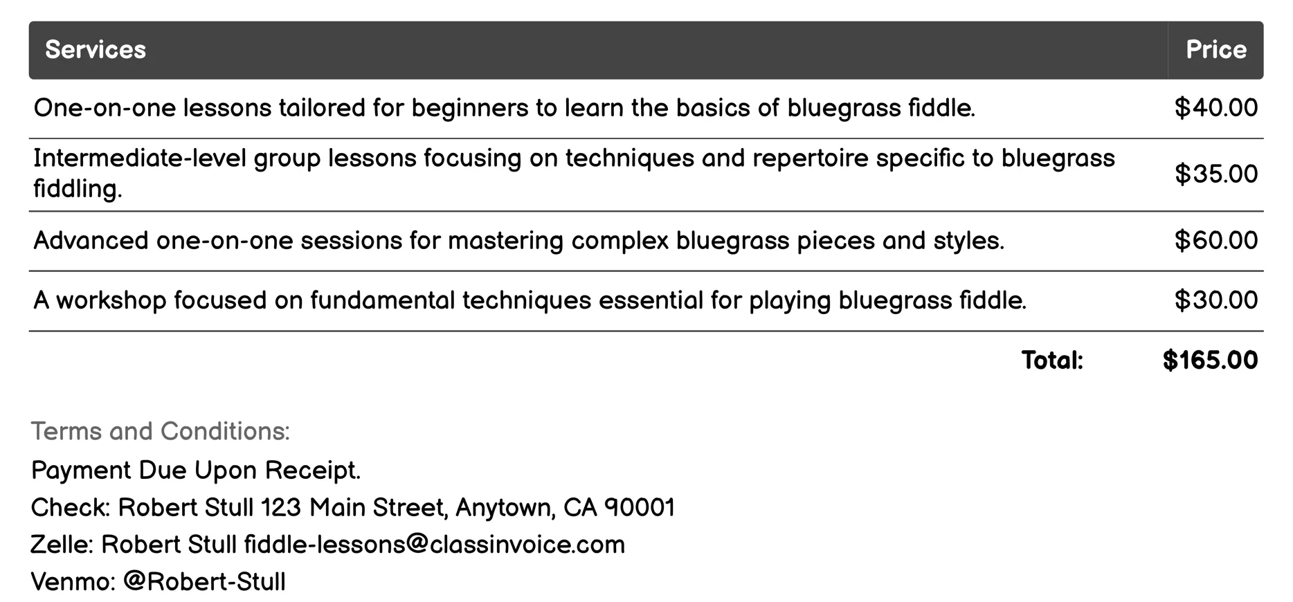Bluegrass Fiddle Lessons Invoice Example