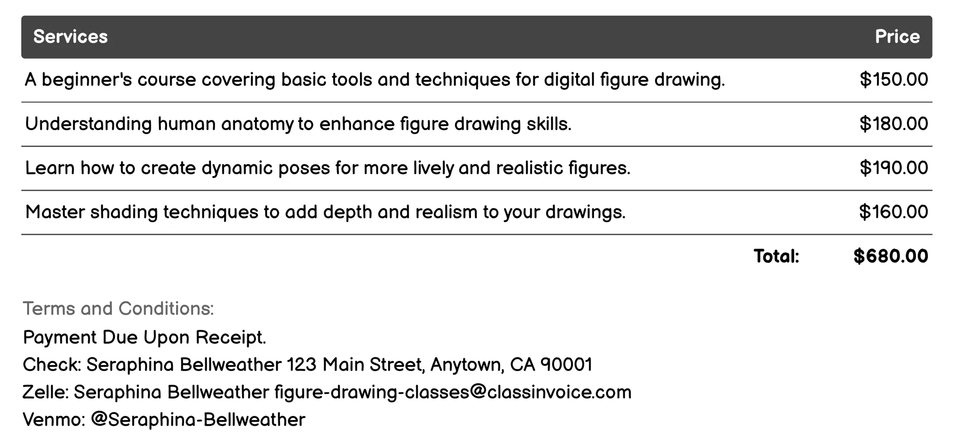 Digital Figure Drawing Invoice Example