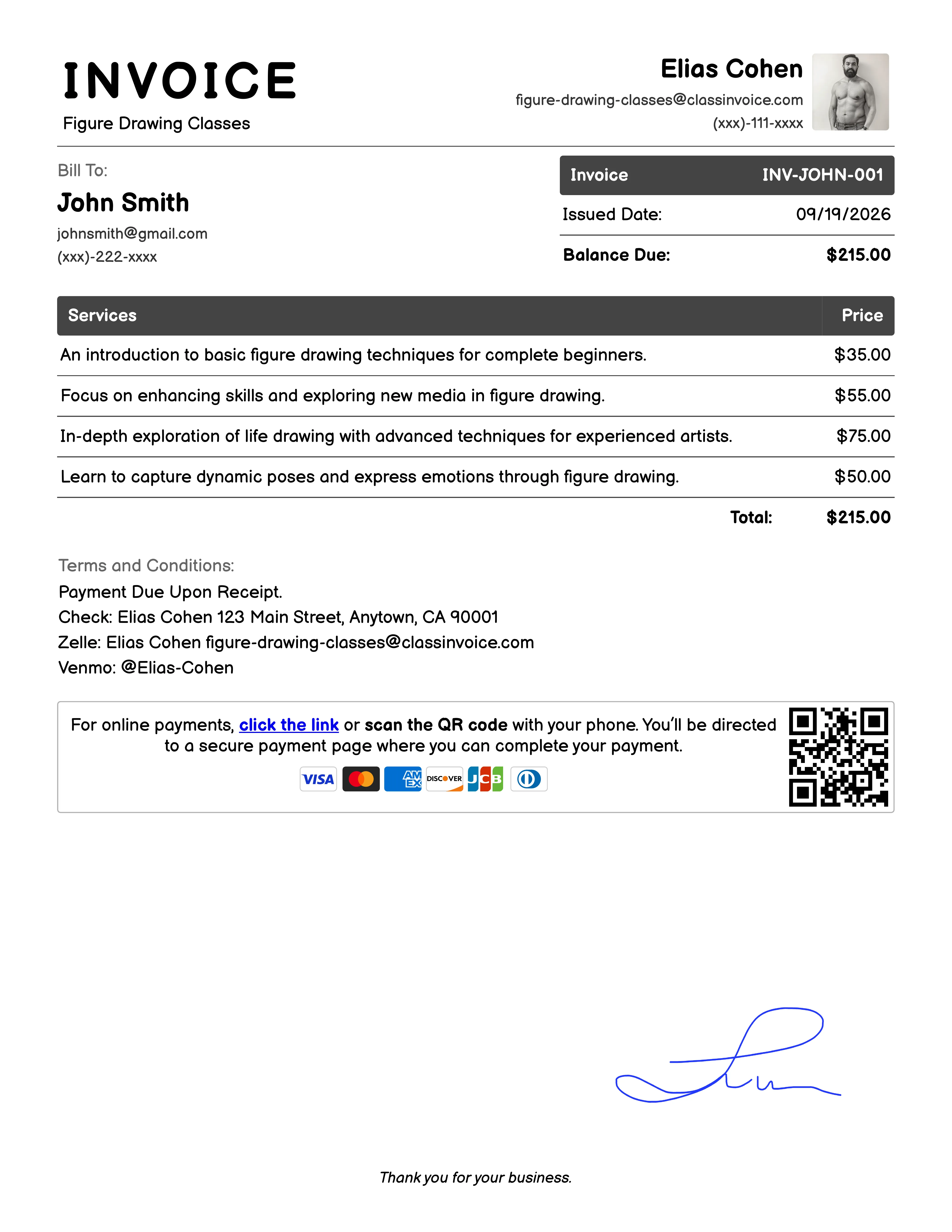Figure Drawing Classes Invoice Example