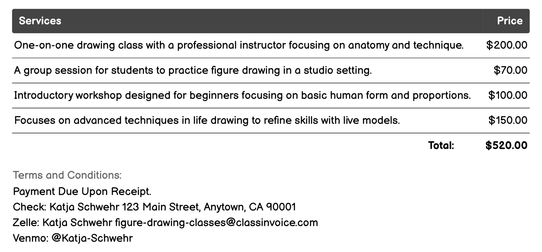 Life Drawing Invoice Example