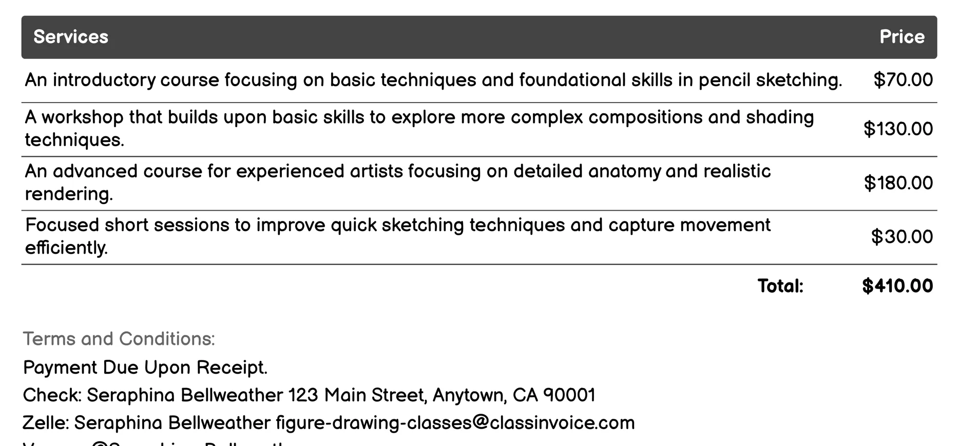 Pencil Sketching Invoice Example
