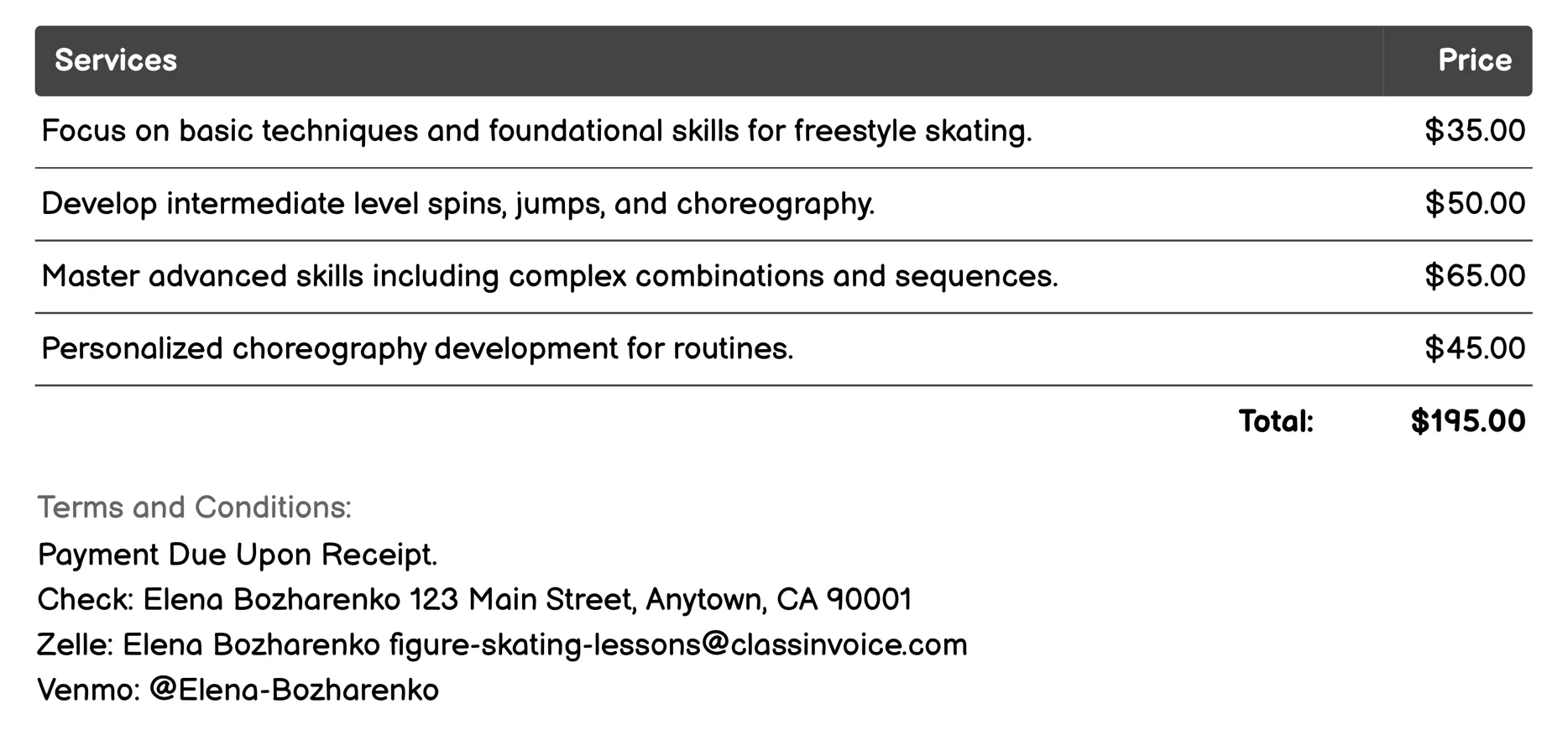 Freestyle Training Invoice Example