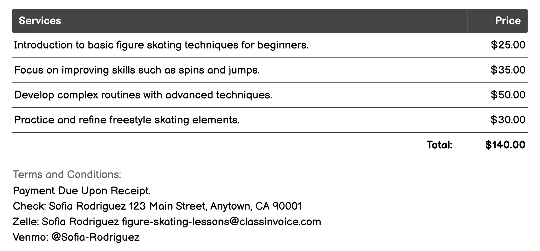 Group Classes Invoice Example