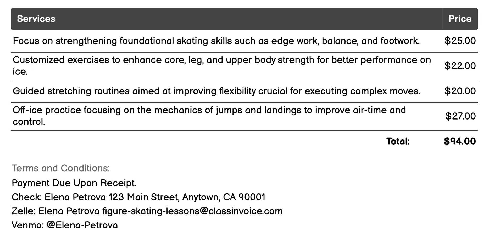 Off-Ice Training Invoice Example