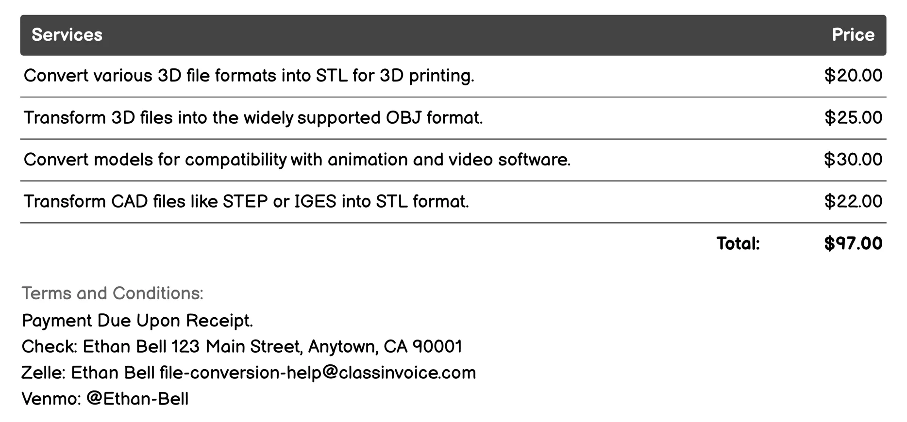 3D Model Conversion Invoice Example