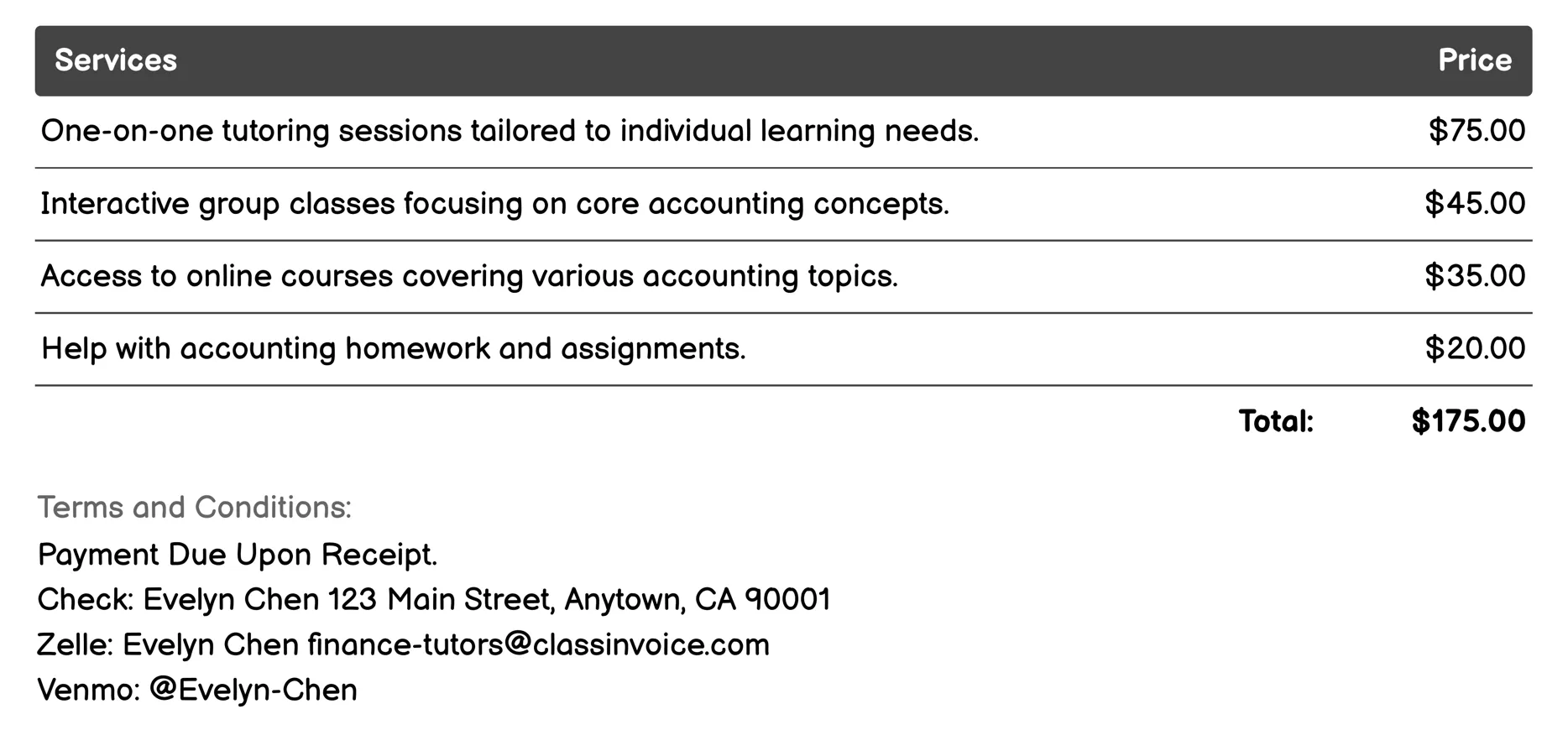 Accounting Education Support Invoice Example