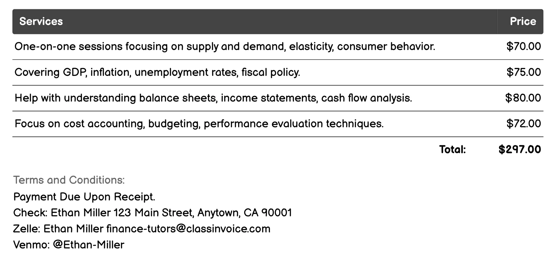 Economics Tutoring Invoice Example