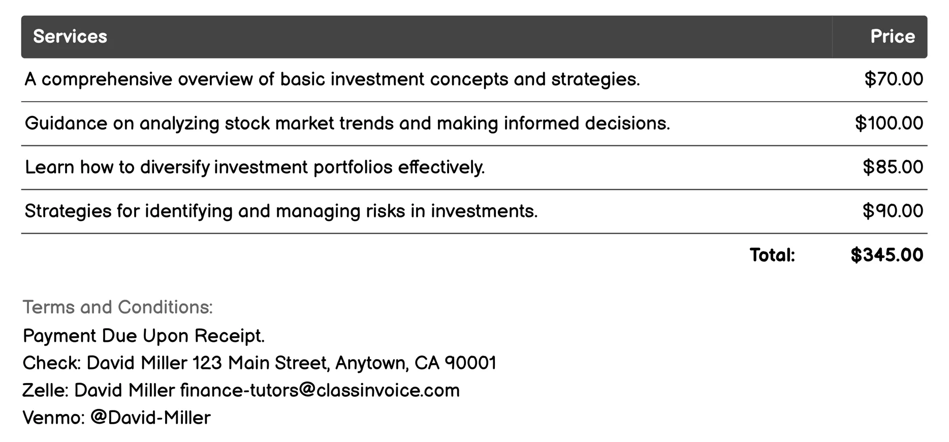 Investment Strategies Tutoring Invoice Example