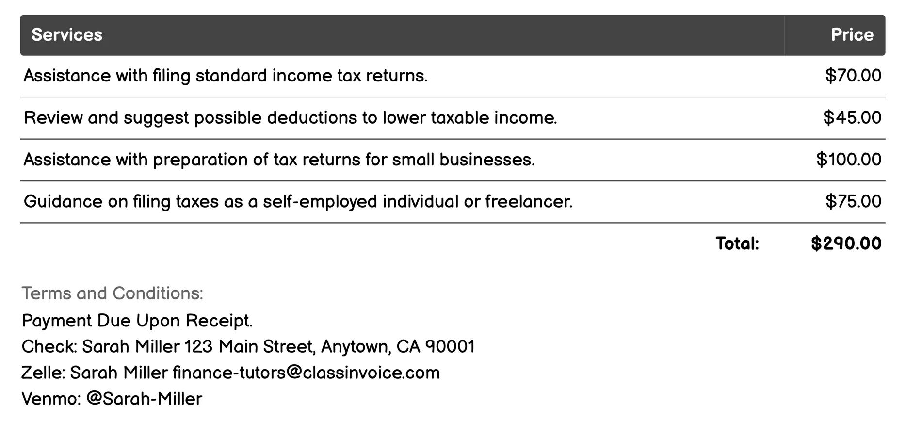 Tax Preparation Assistance Invoice Example
