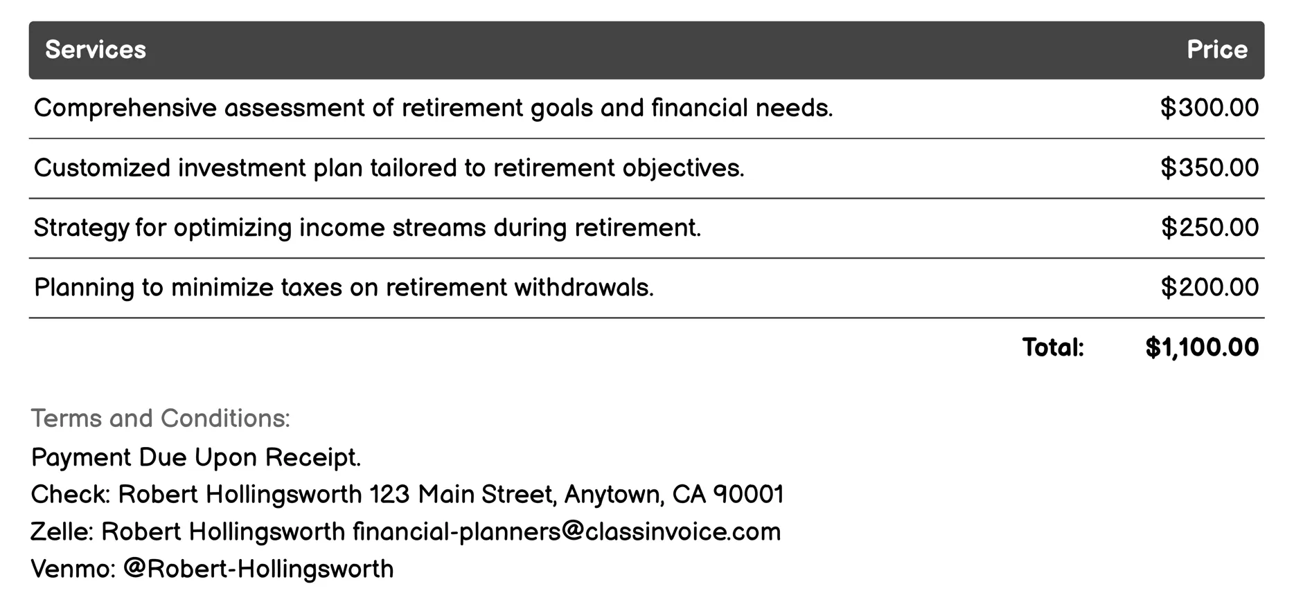 Retirement Planning Invoice Example