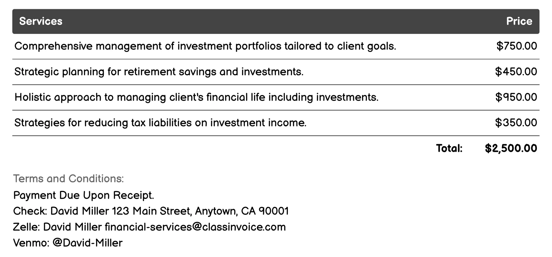 Investment Management Invoice Example