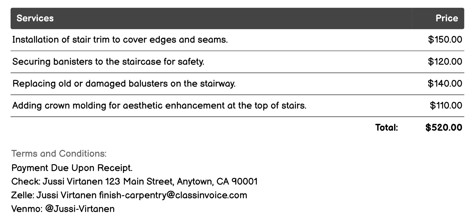 Stair Trim and Banister Work Invoice Example