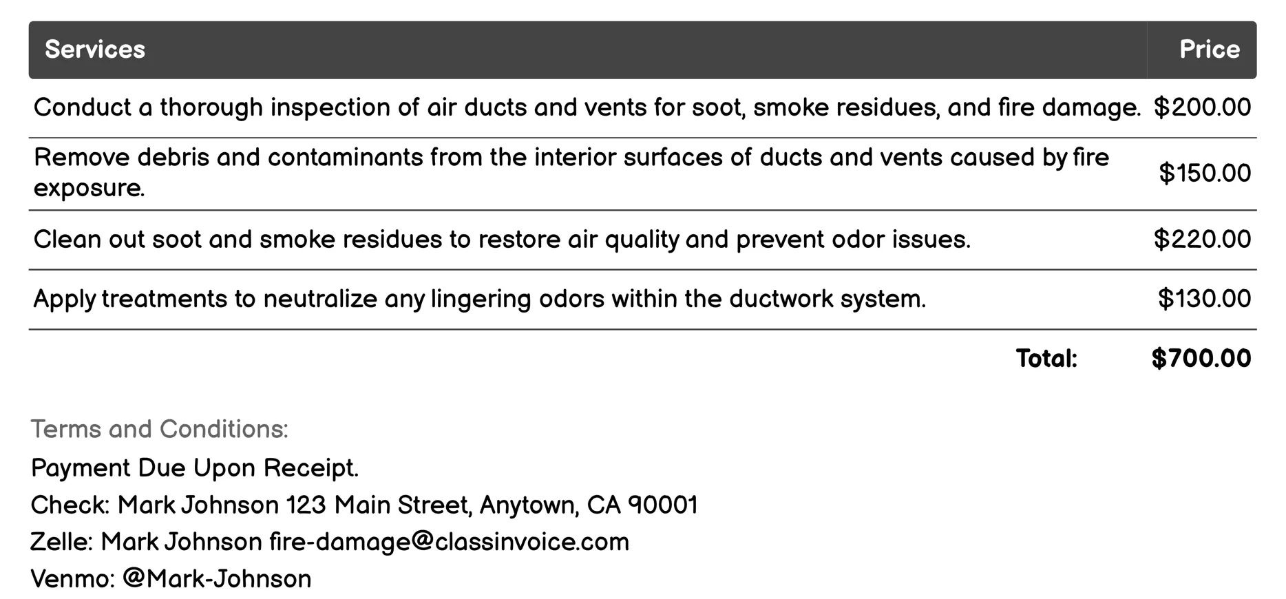 Air Duct and Vent Cleaning Invoice Example