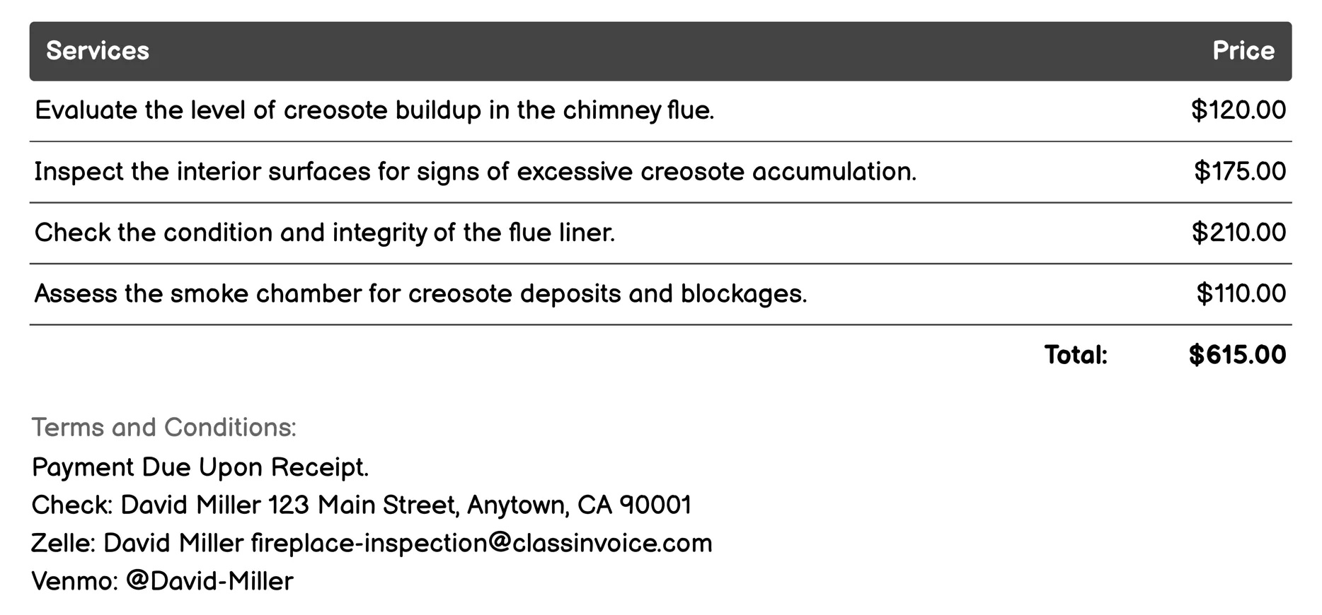 Creosote Assessment Invoice Example