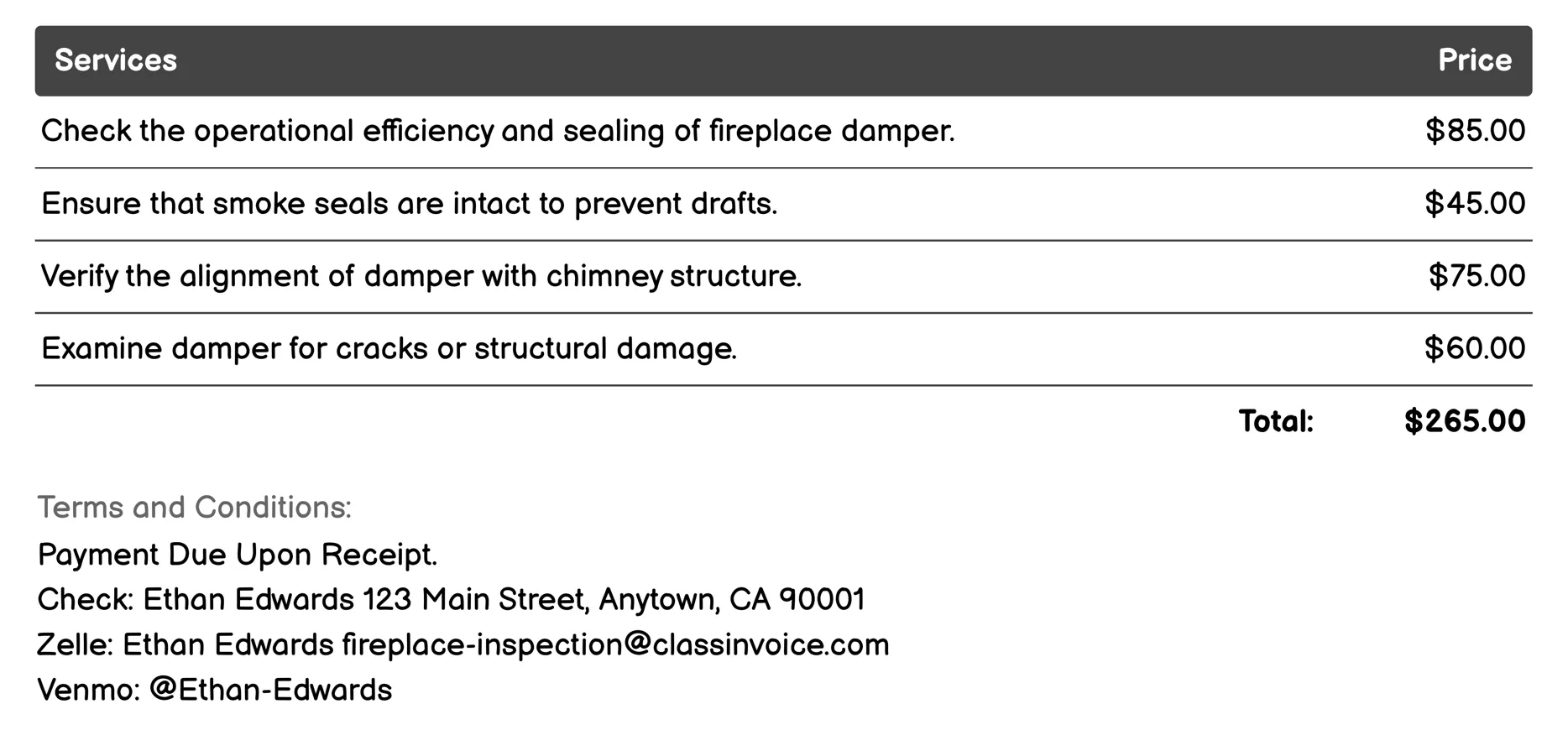 Damper Inspection Invoice Example