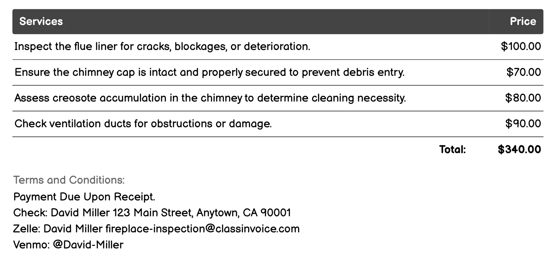 Ventilation Check Invoice Example