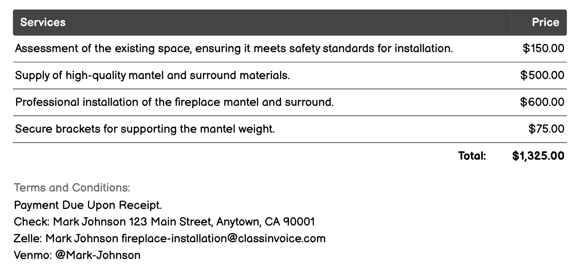 Fireplace Mantel and Surround Installation Invoice Example
