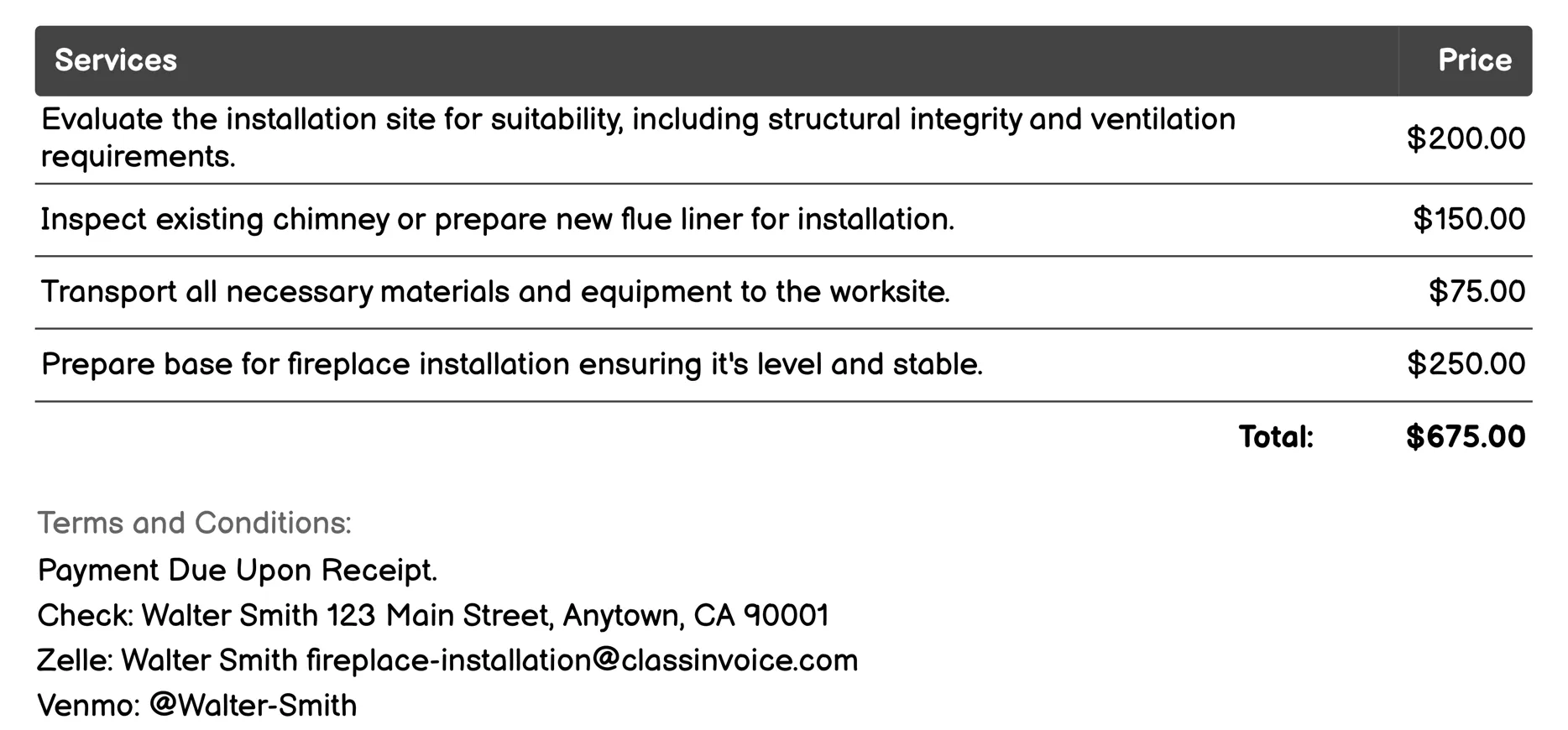 Traditional Wood-Burning Fireplace Installation Invoice Example