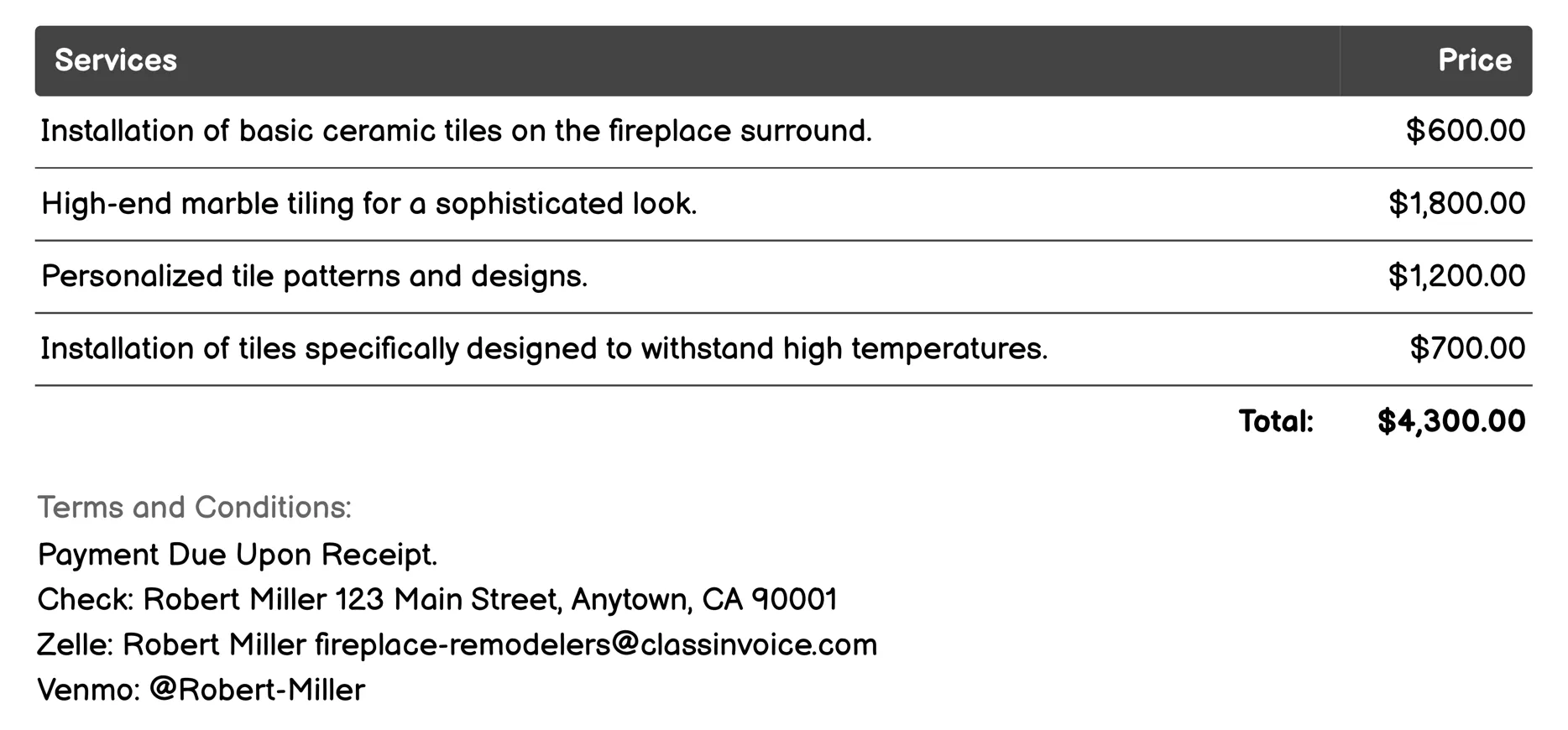 Fireplace Tiling Services Invoice Example