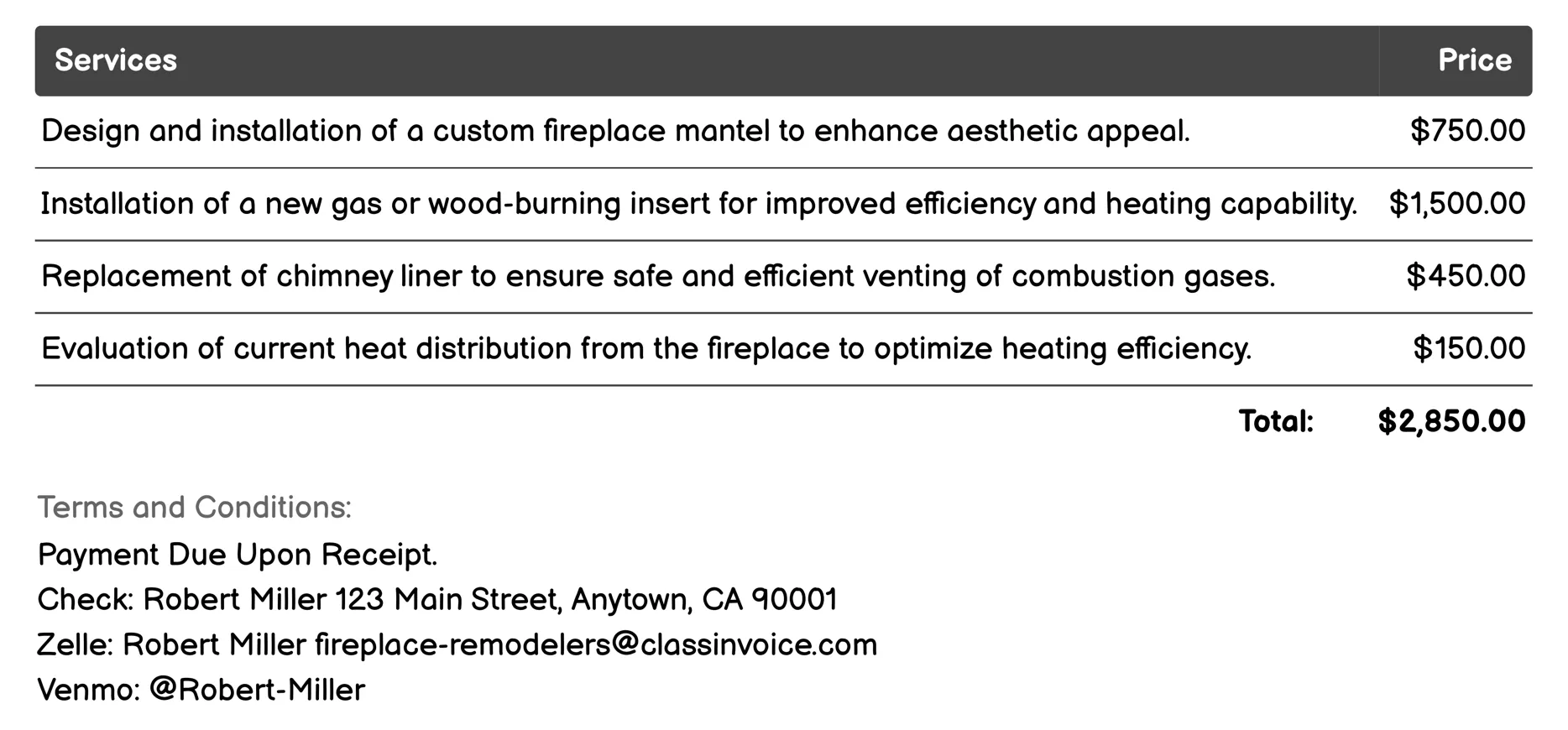 Heating System Integration Invoice Example