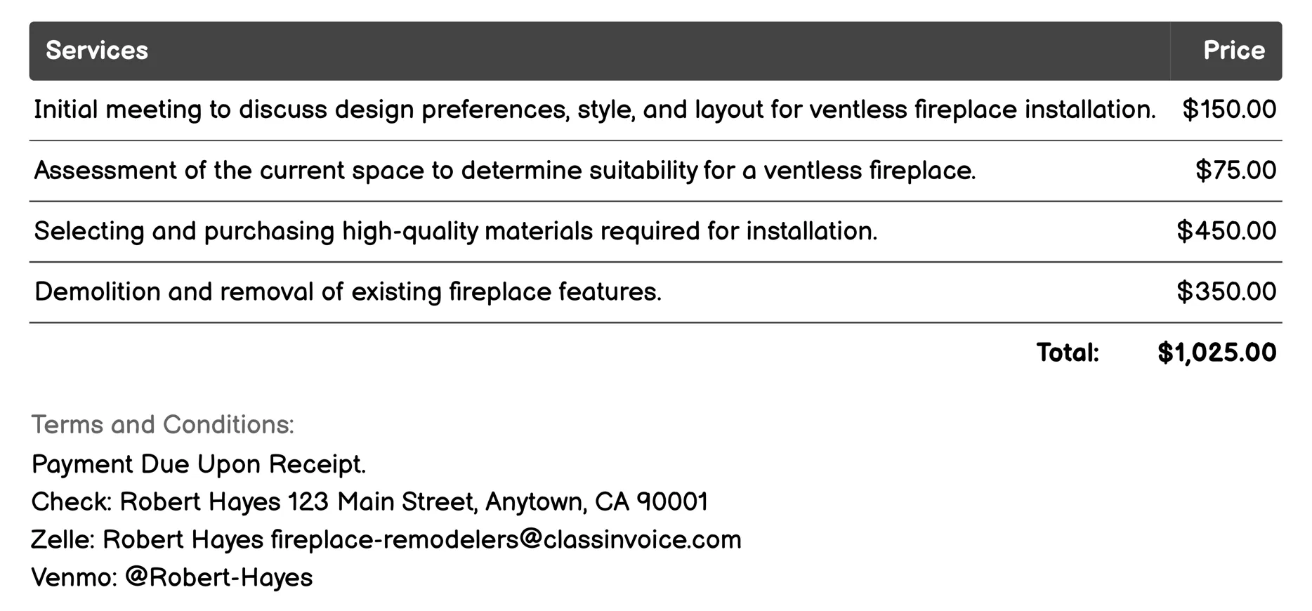 Ventless Fireplace Installation Invoice Example