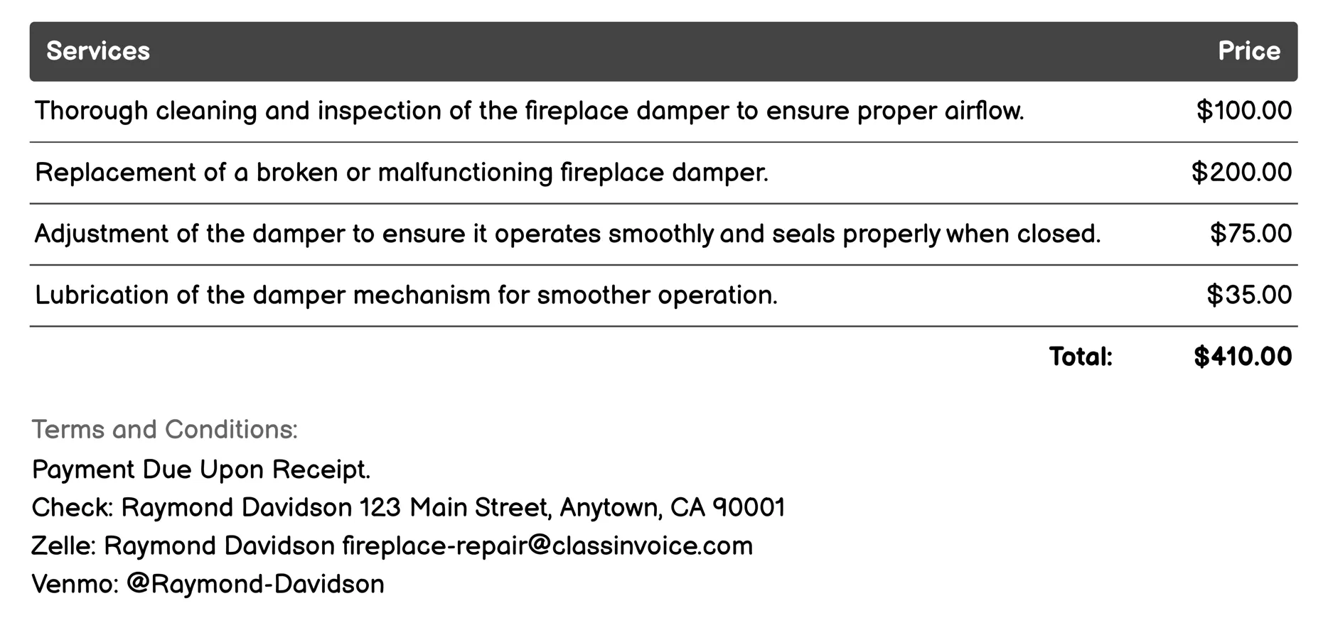Damper Repair Invoice Example