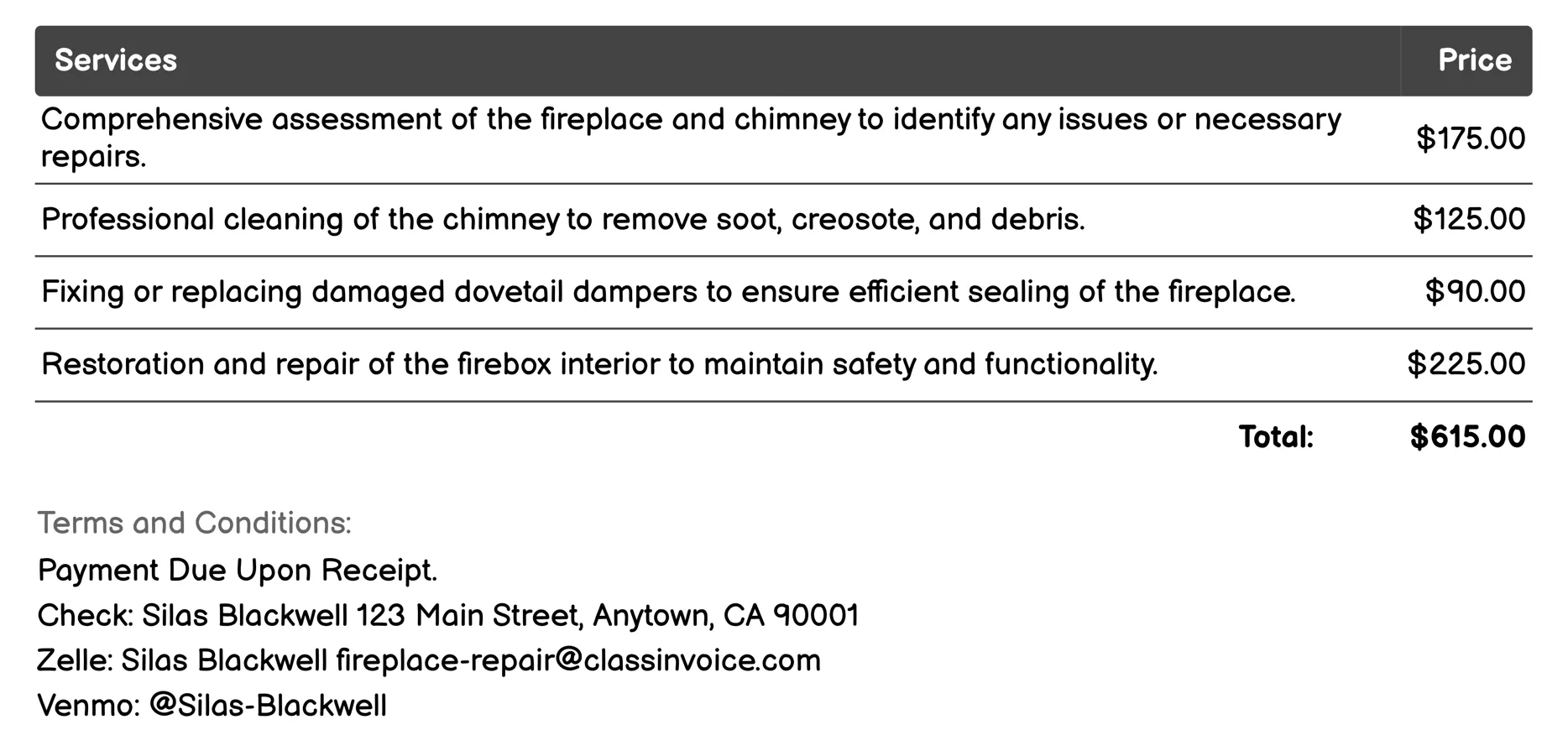 Dovetail Repairs Invoice Example