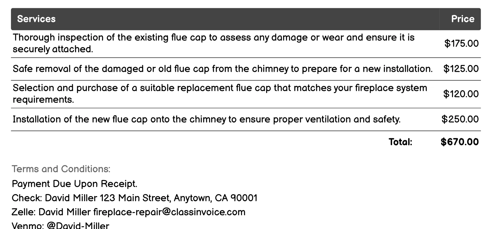 Flue Cap Installation Invoice Example
