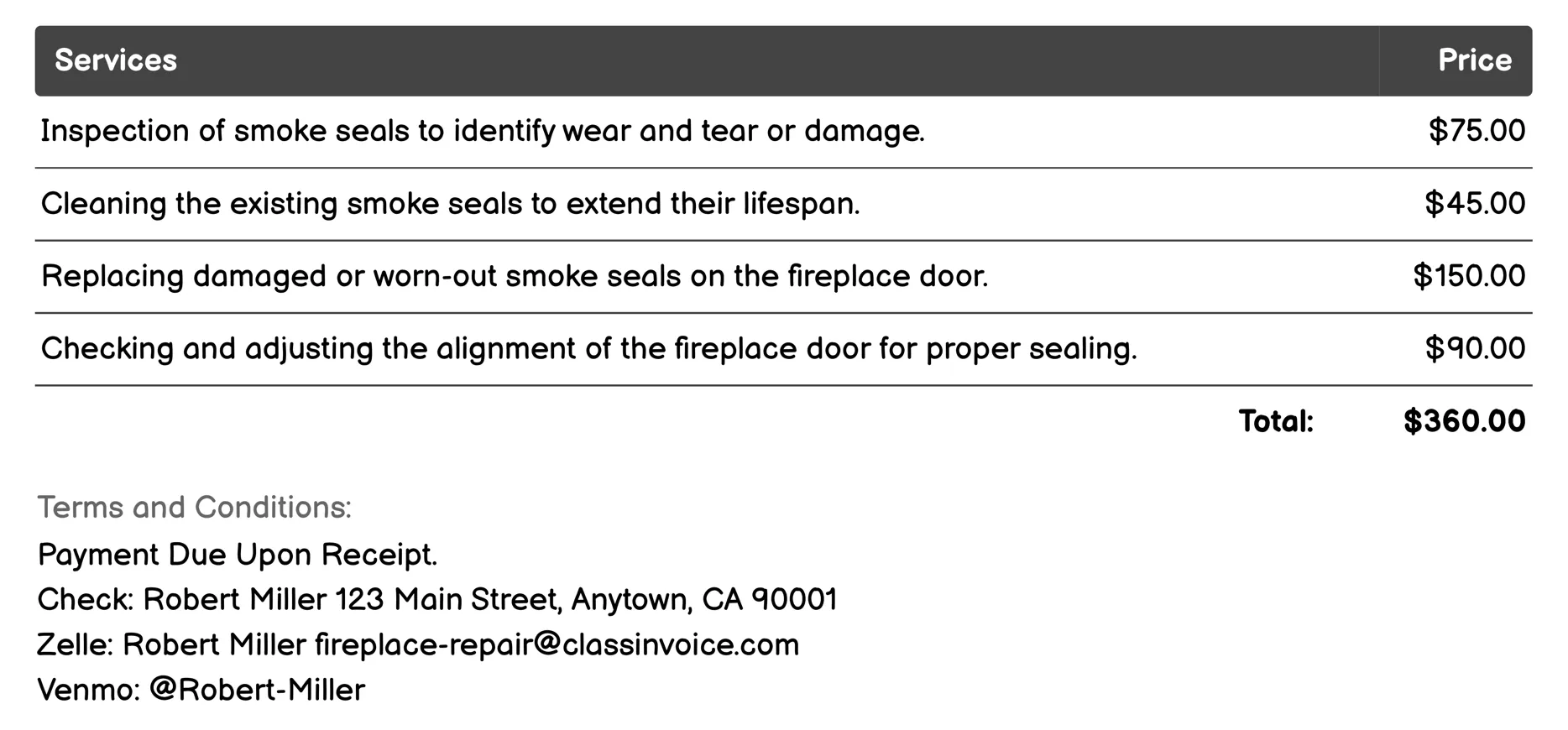 Smoke Seal Repair Invoice Example