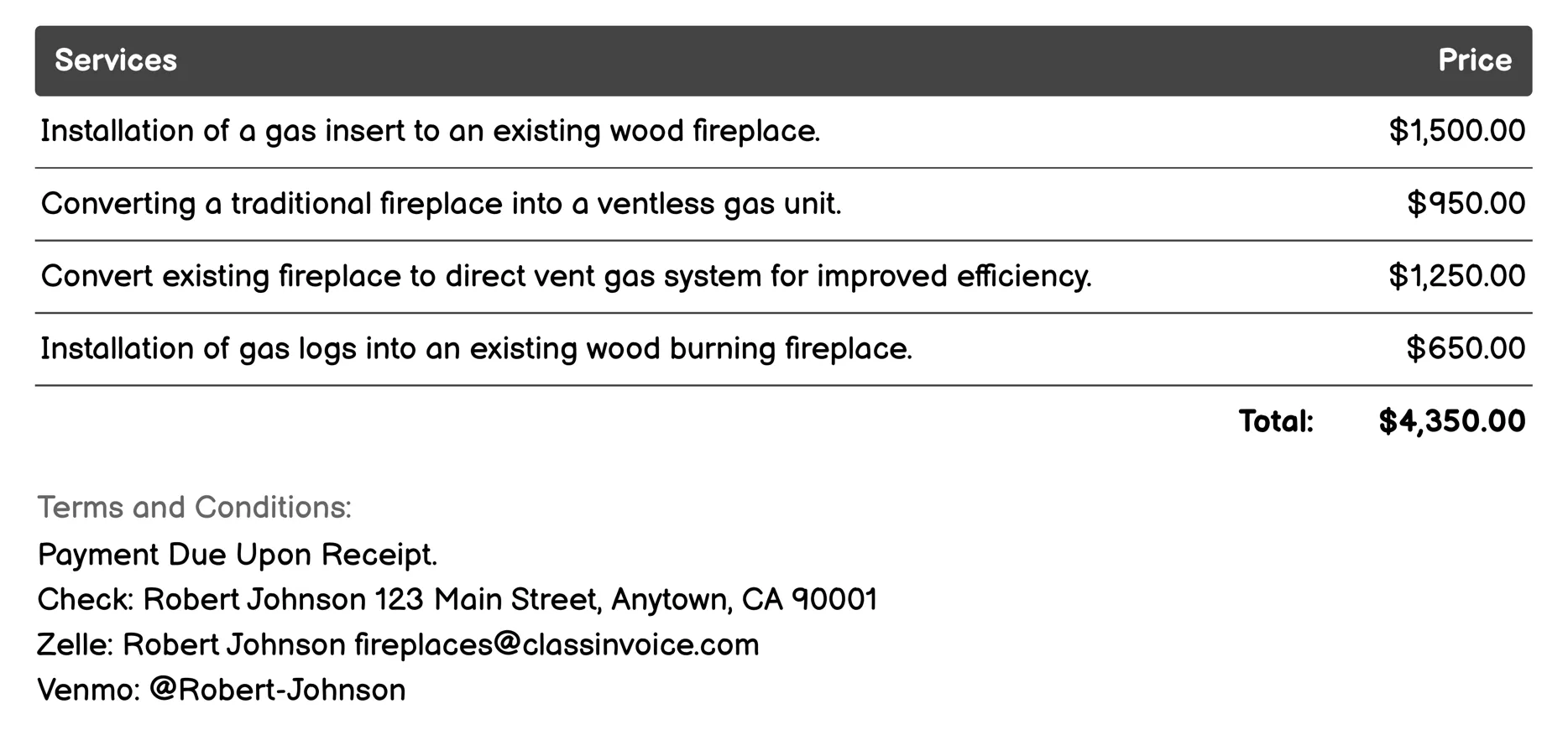 Gas Conversion Services Invoice Example