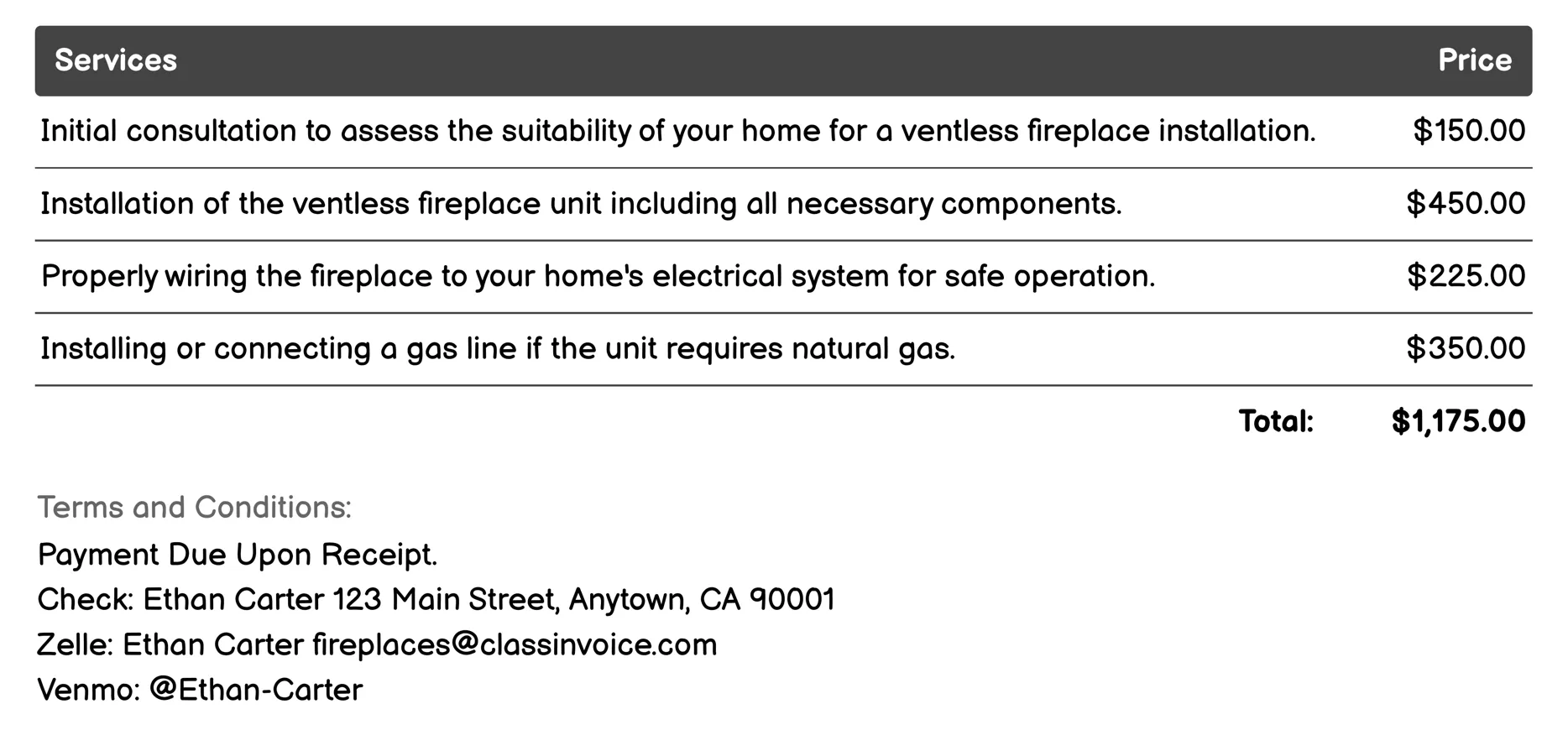 Ventless Fireplace Installation Invoice Example