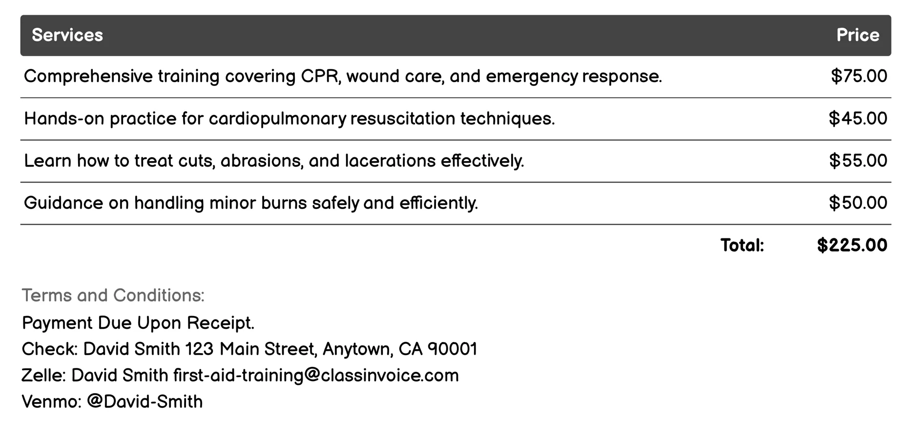 Basic First Aid Invoice Example