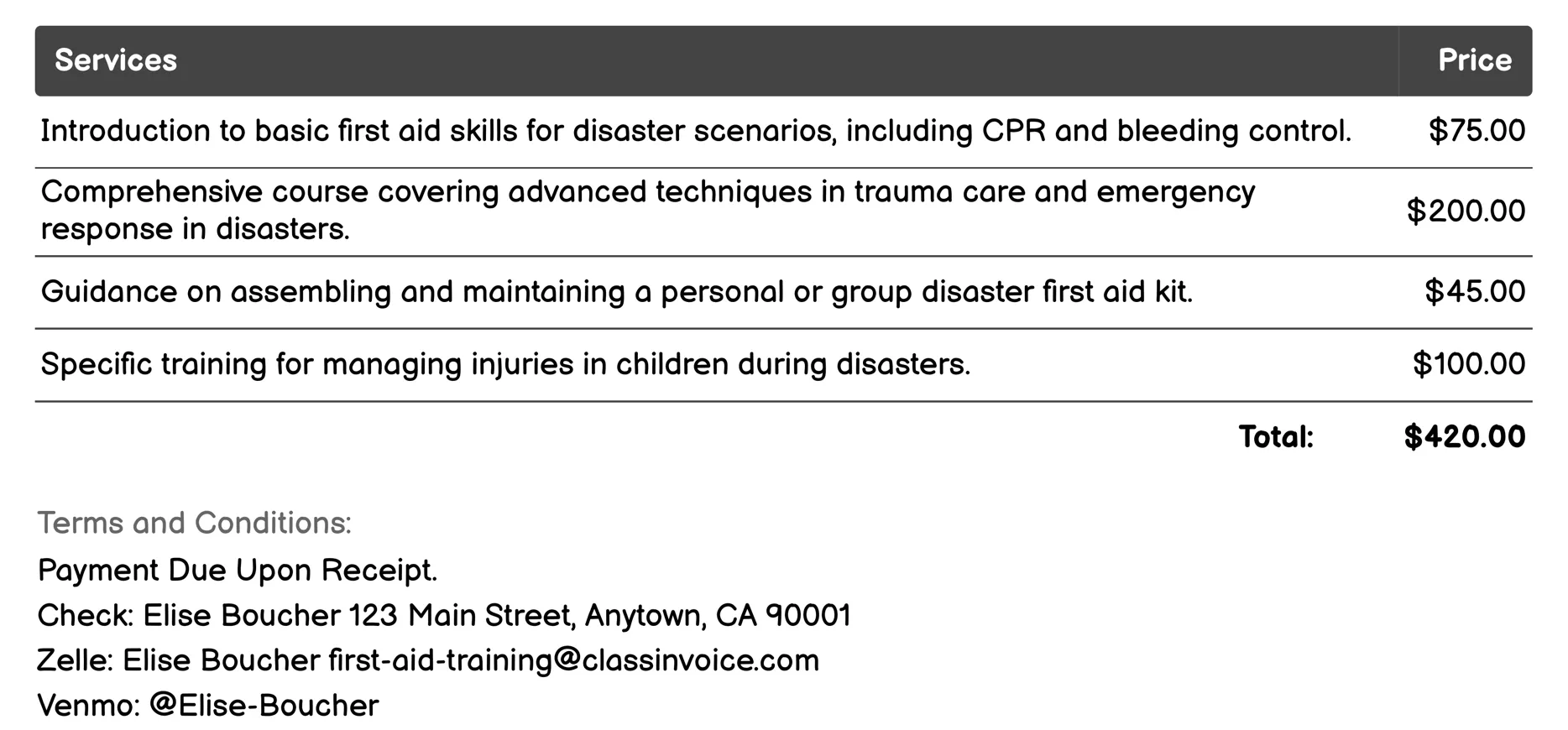 Disaster First Aid Invoice Example