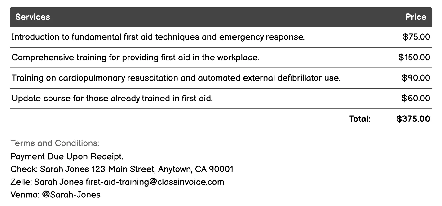 First Aid at Work Invoice Example