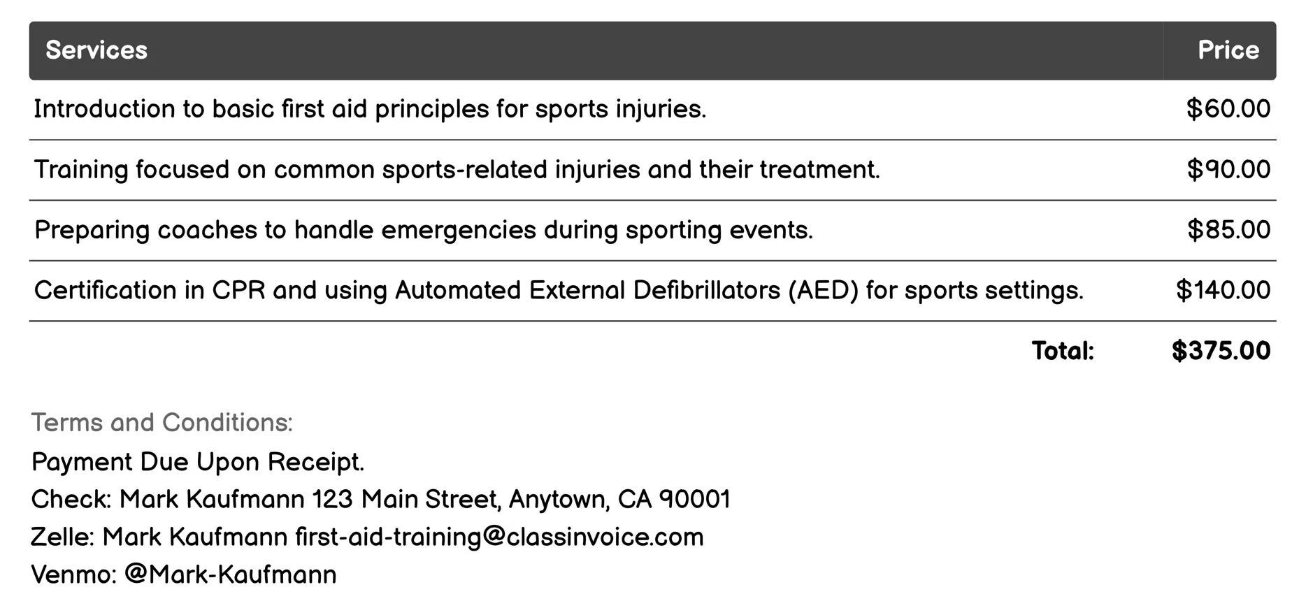 Sports First Aid Invoice Example