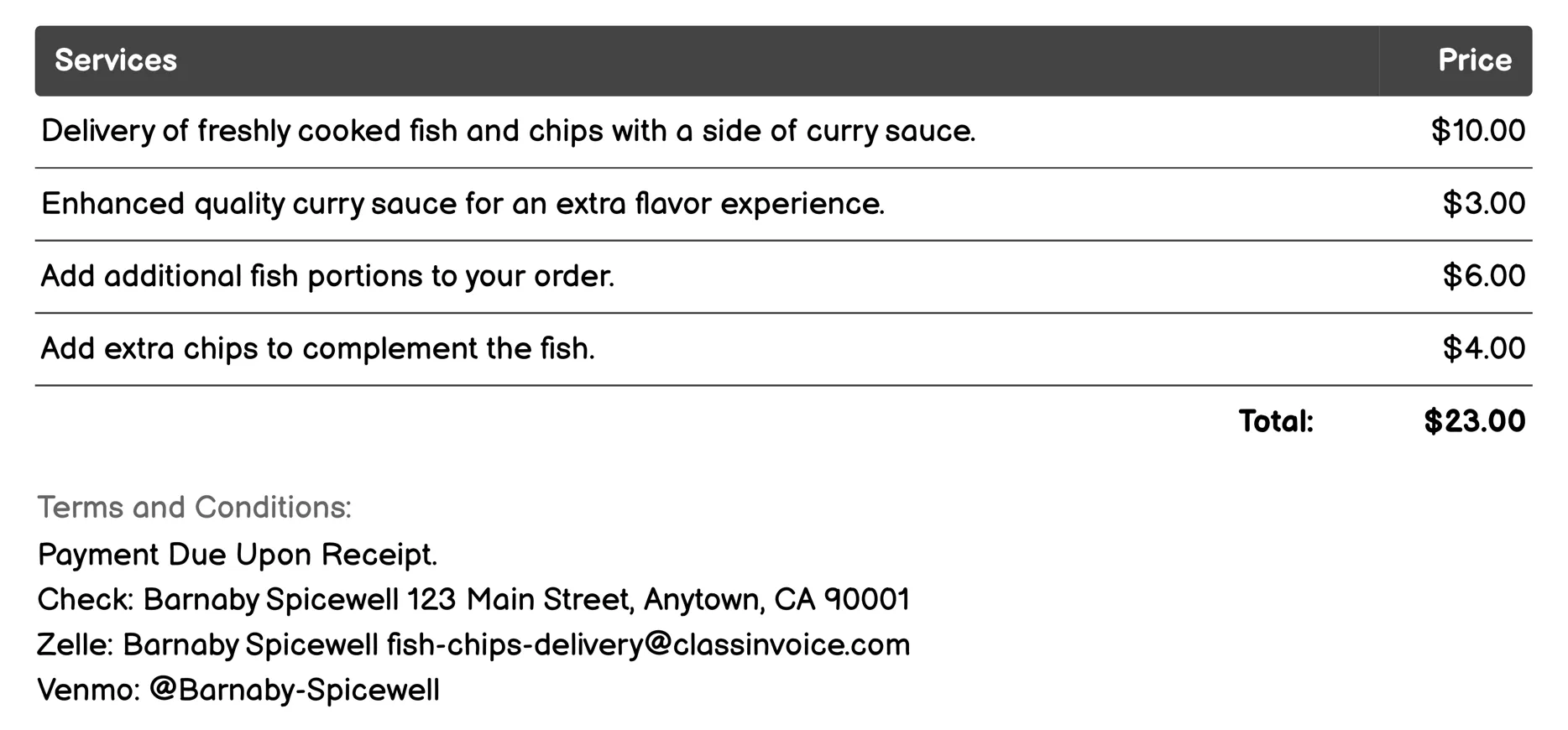 Curry Sauce Accompaniment Invoice Example