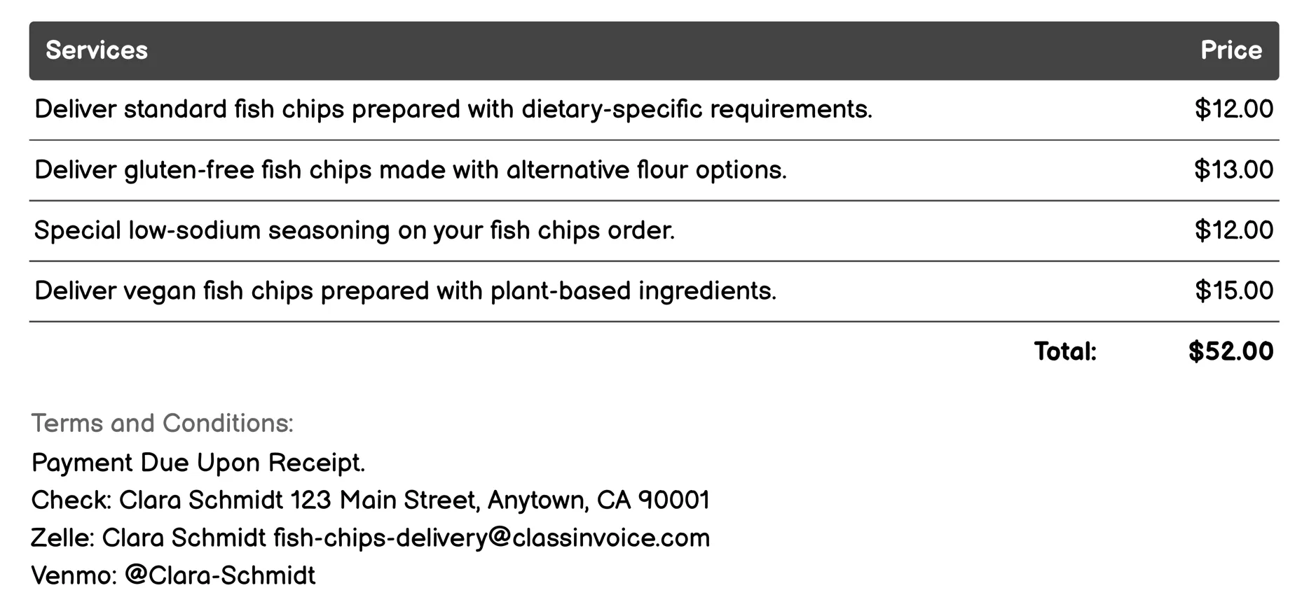 Dietary-Specific Meals Invoice Example