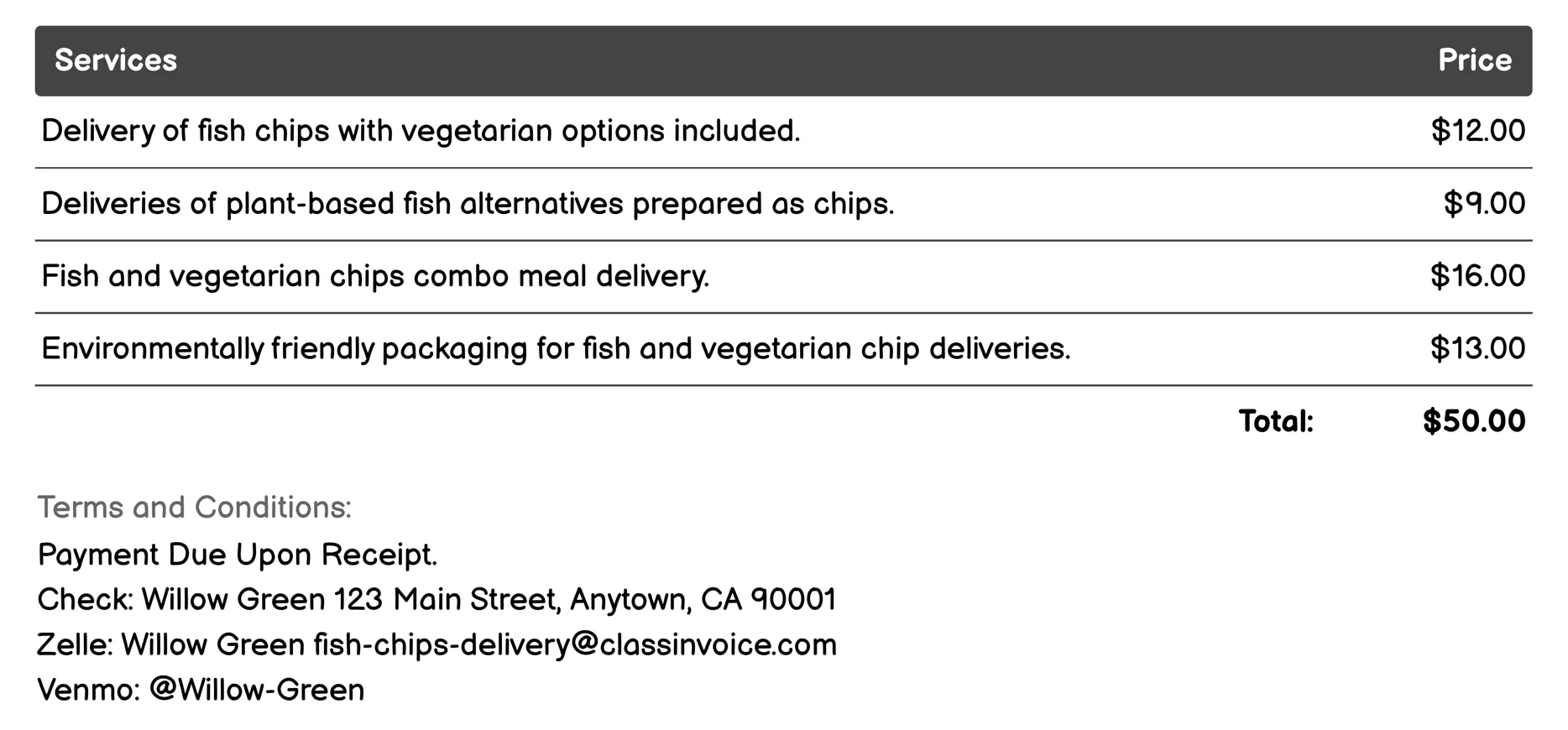 Vegetarian Options Invoice Example