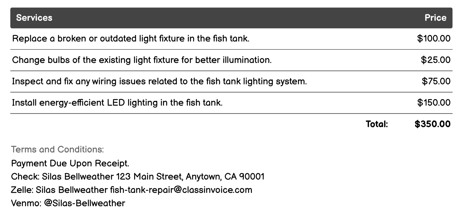 Light Fixture Repair Invoice Example