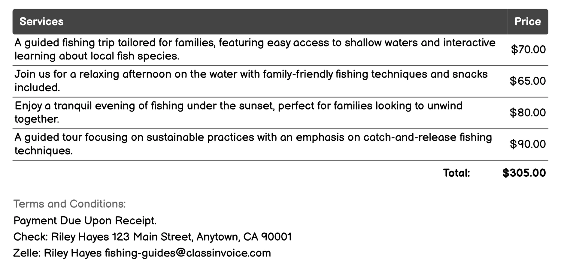 Family-Friendly Fishing Invoice Example
