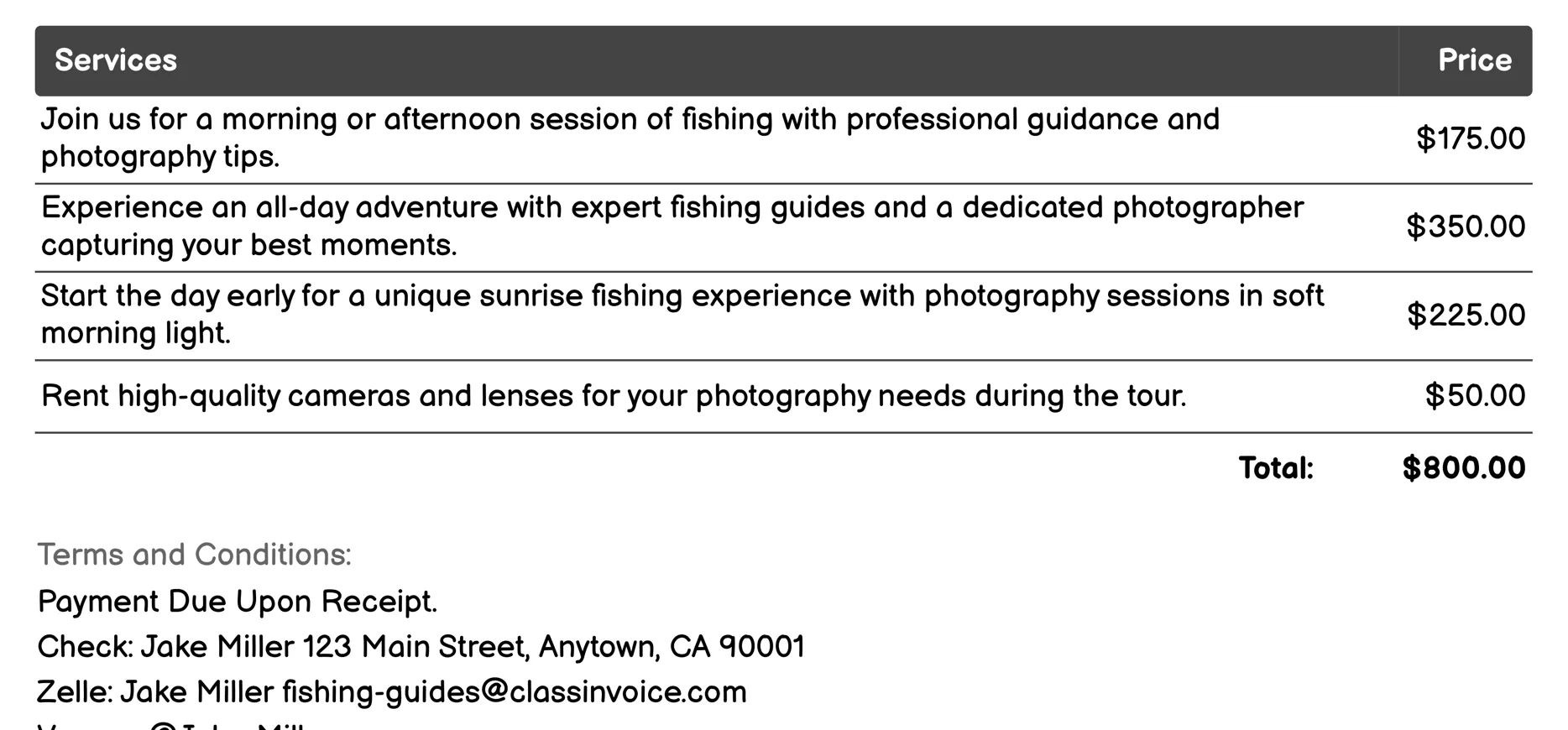 Photography Fishing Tours Invoice Example