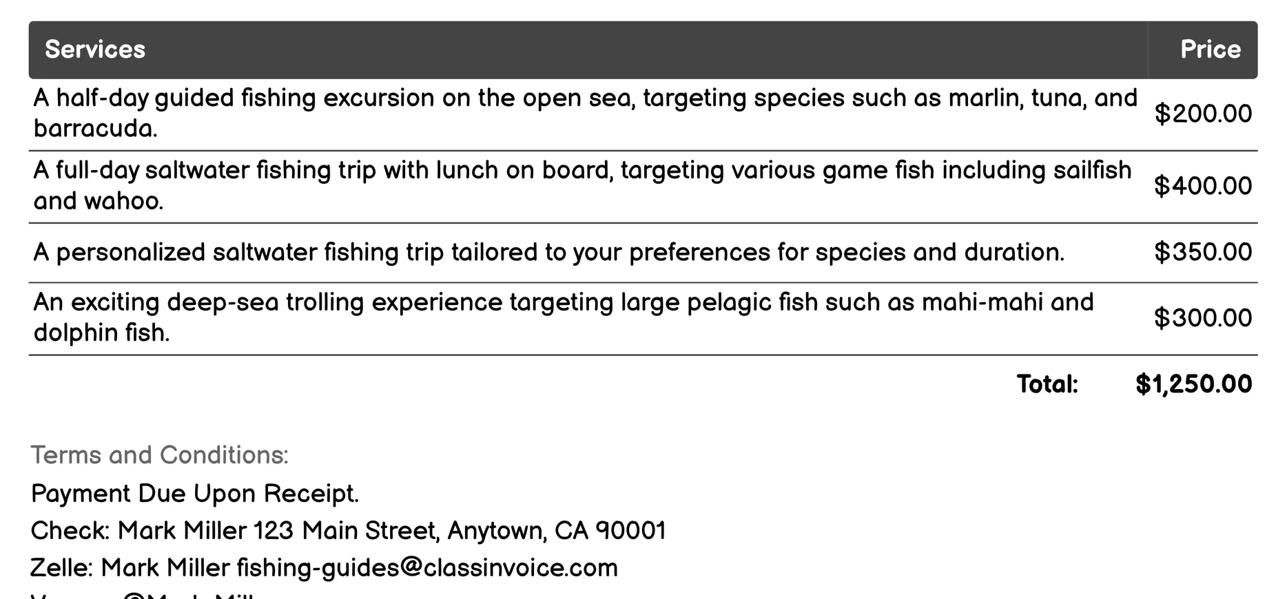 Saltwater Fishing Invoice Example
