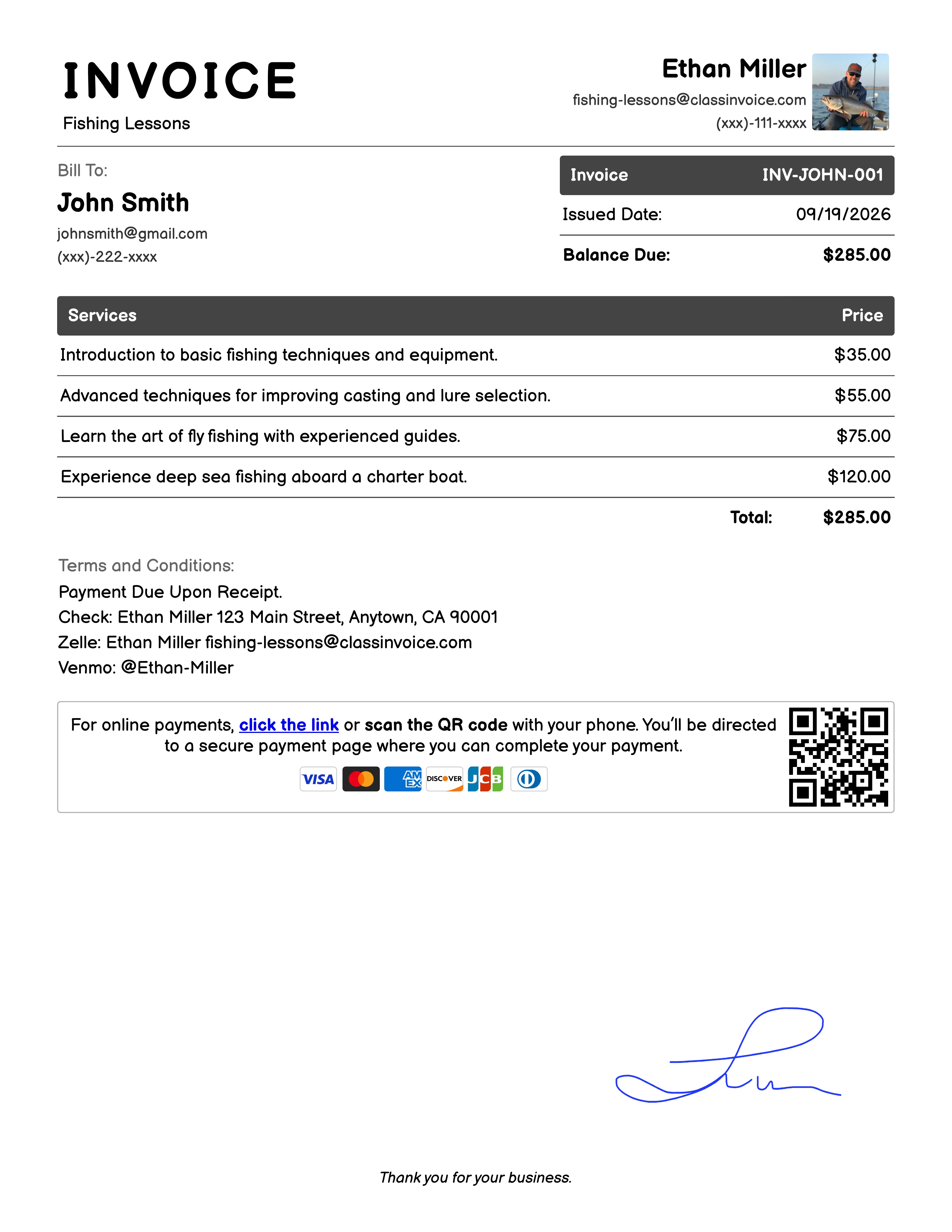 Fishing Lessons Invoice Example