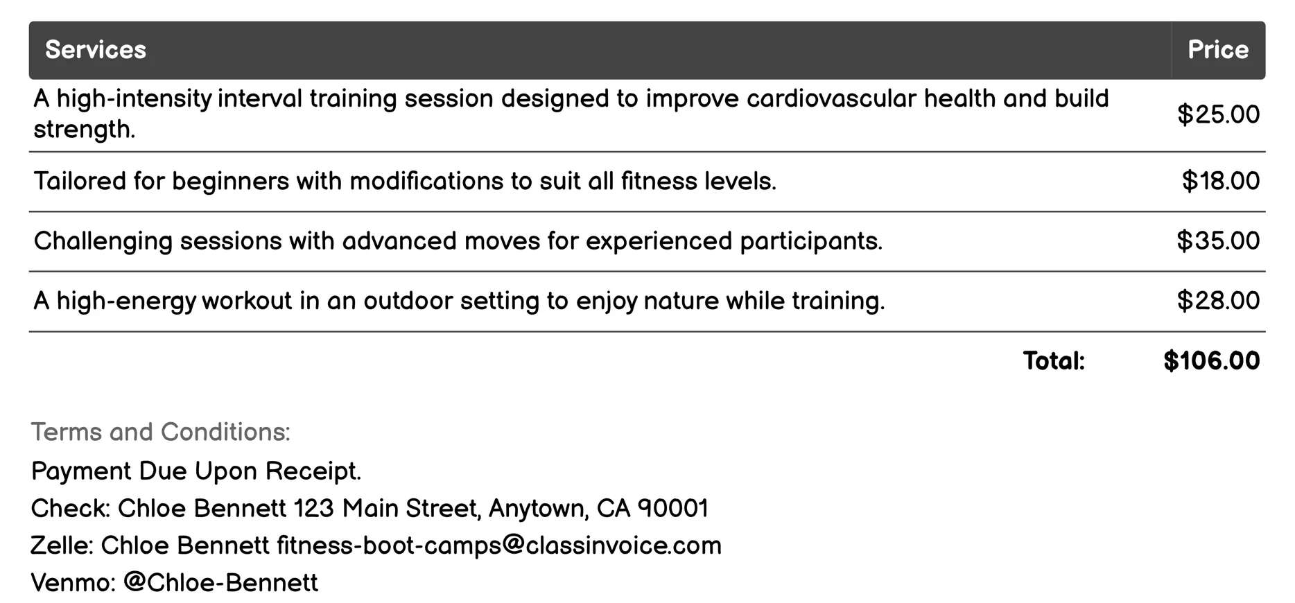 HIIT Bootcamp Invoice Example