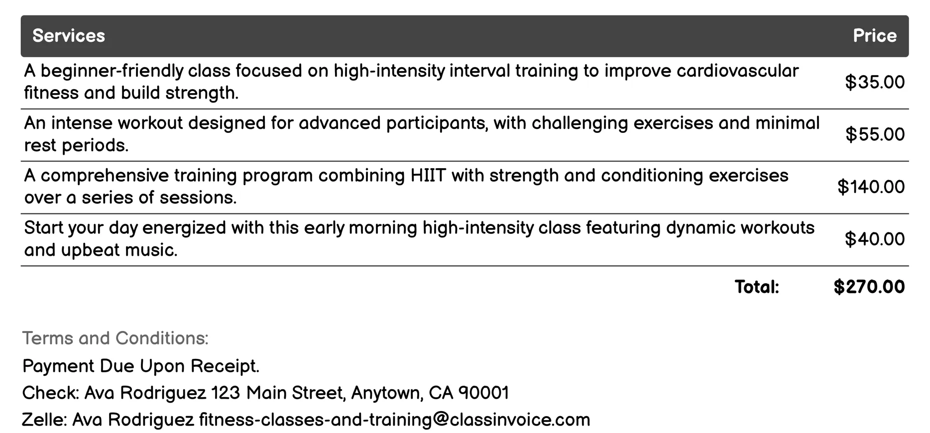 HIIT (High-Intensity Interval Training) Invoice Example