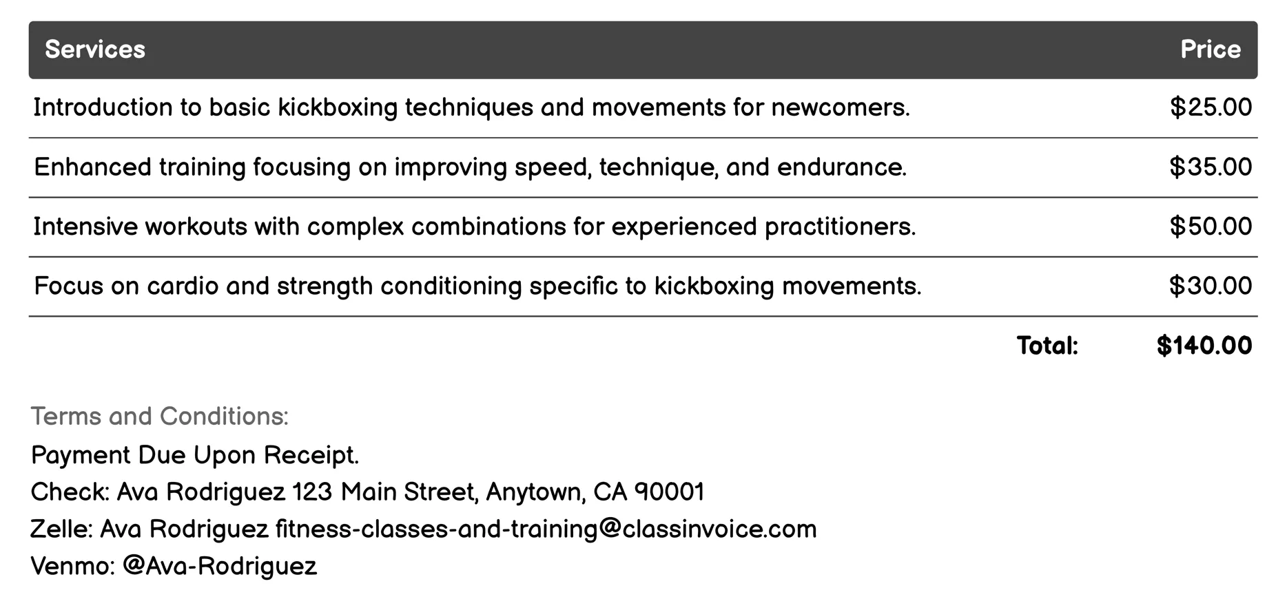 Kickboxing Invoice Example