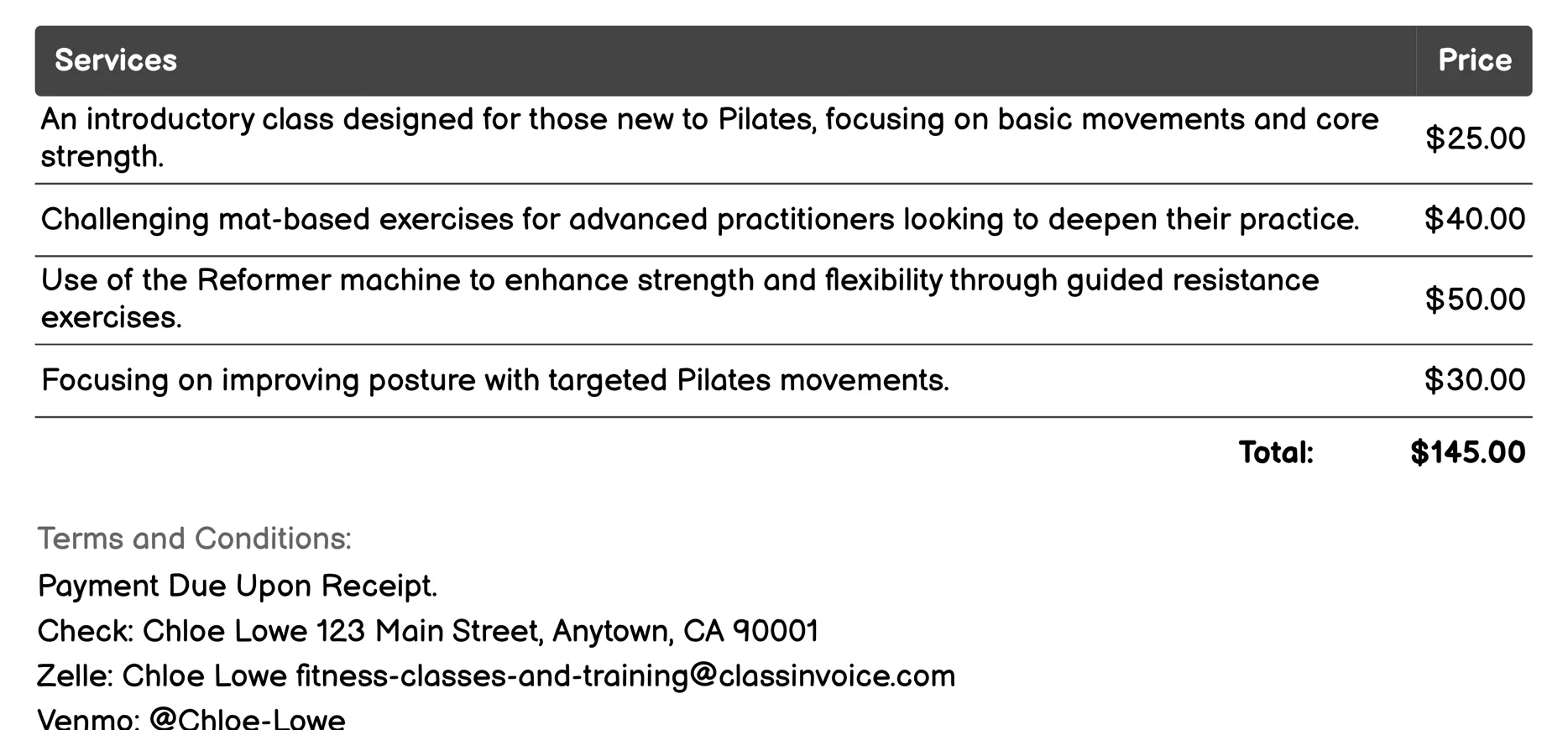 Pilates Invoice Example