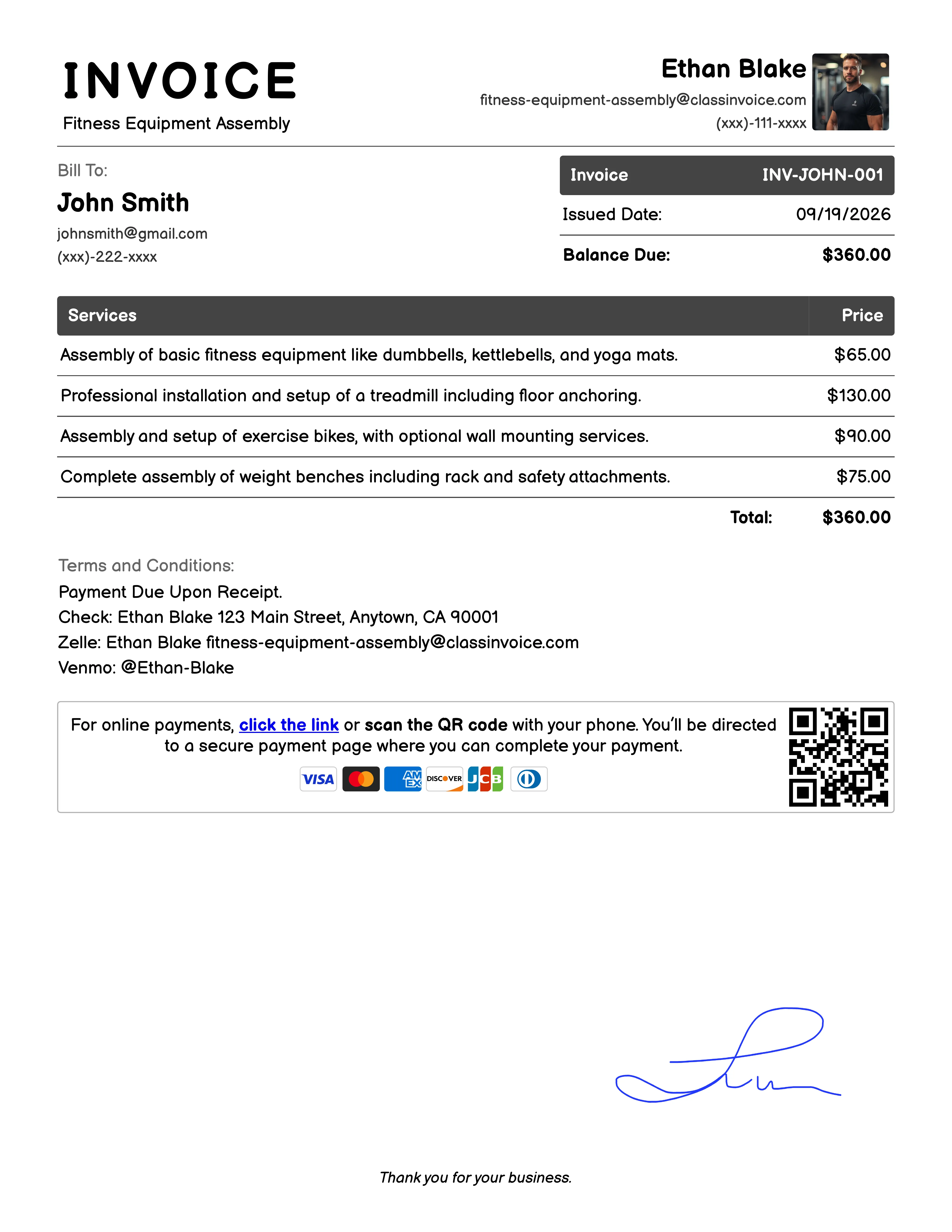 Fitness Equipment Assembly Invoice Example